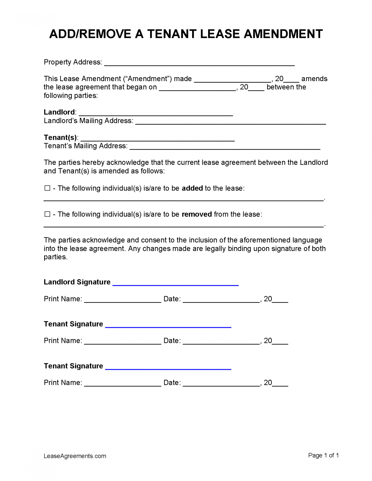 Free Adding/Removing a Tenant to a Lease Addendum Template PDF