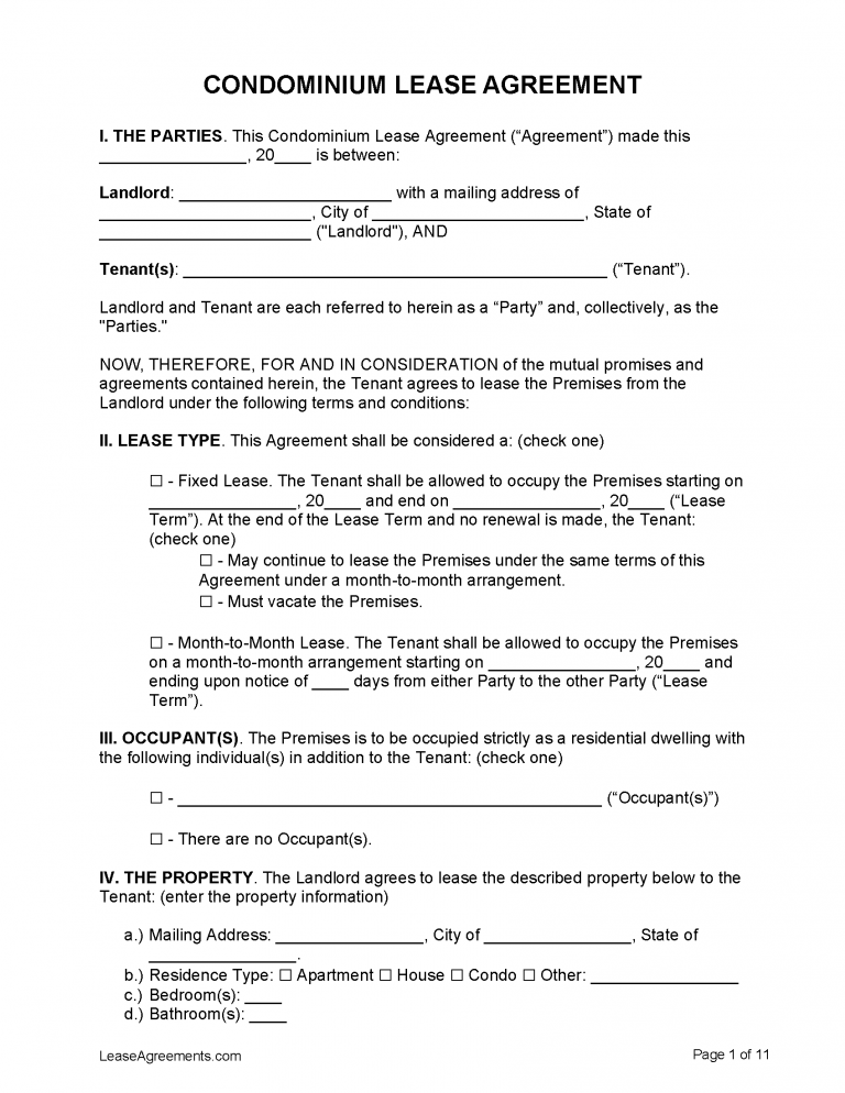 Free Condominium (condo) Lease Agreement Template | PDF | WORD | RTF