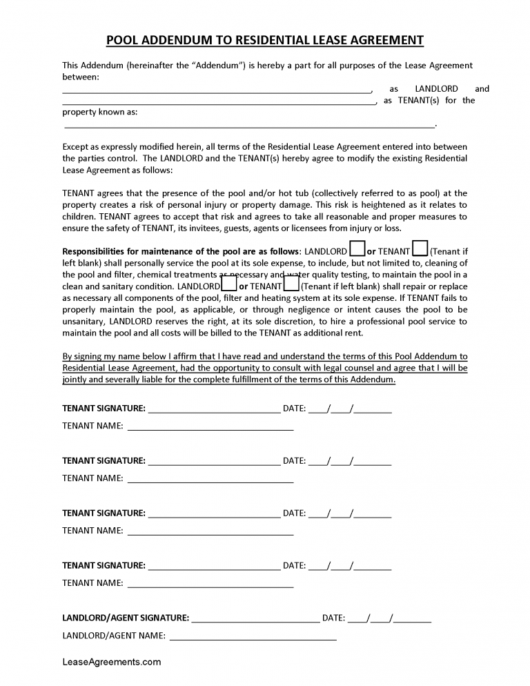 Free Pool / Hot Tub Lease Addendum - Template | PDF | WORD | RTF