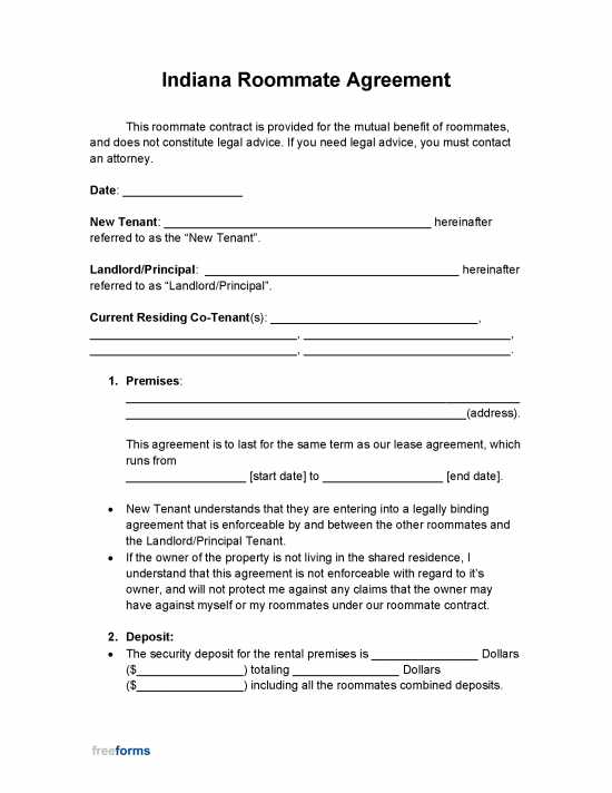 Free Indiana Roommate Agreement Template | PDF | WORD | RTF