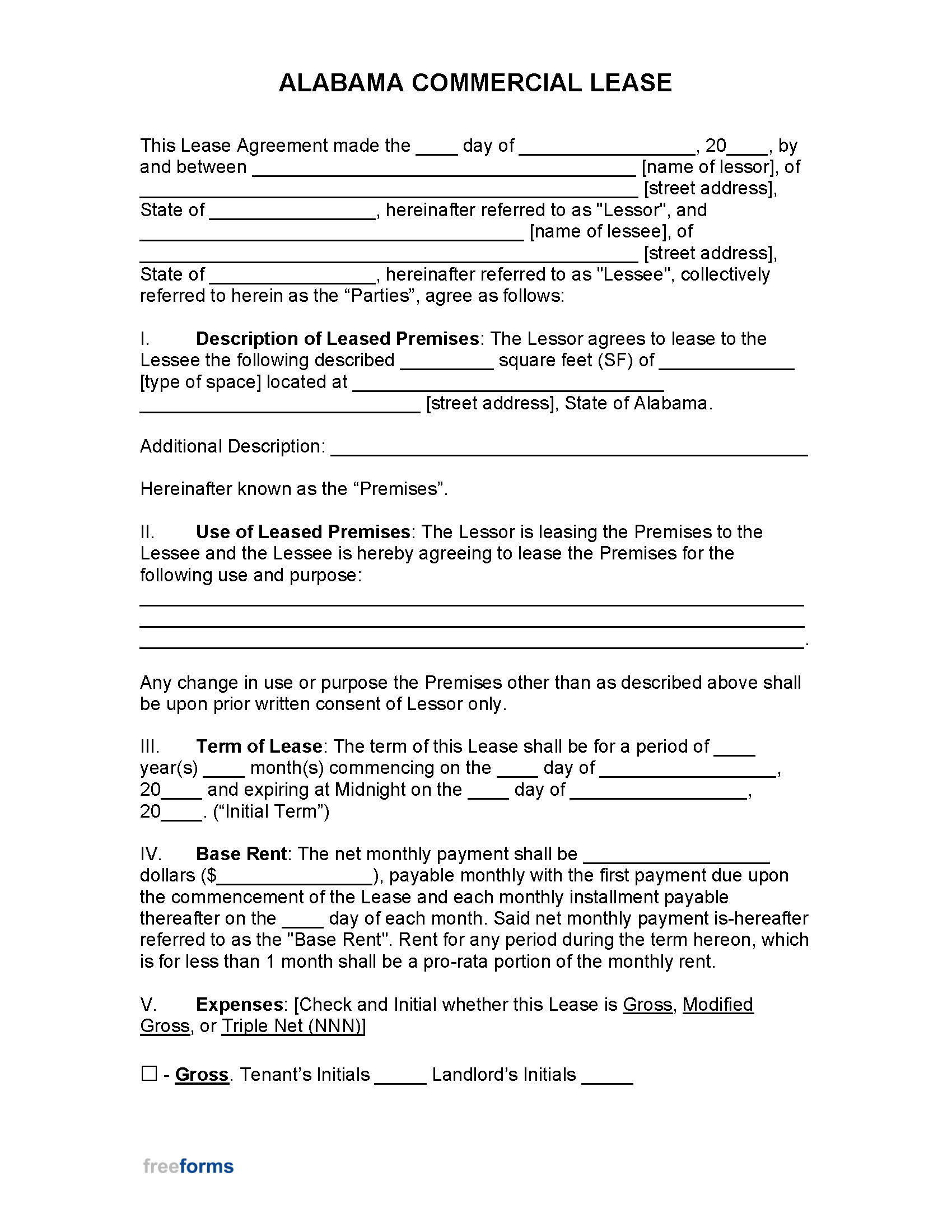 Free Alabama Commercial Lease Agreement Template Pdf Word Rtf 7463