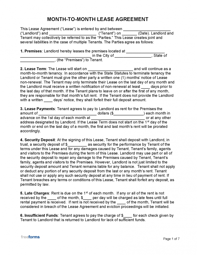 Free Month to Month Rental Agreement Template PDF