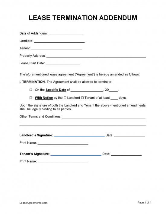 Early Lease Termination Addendum Template