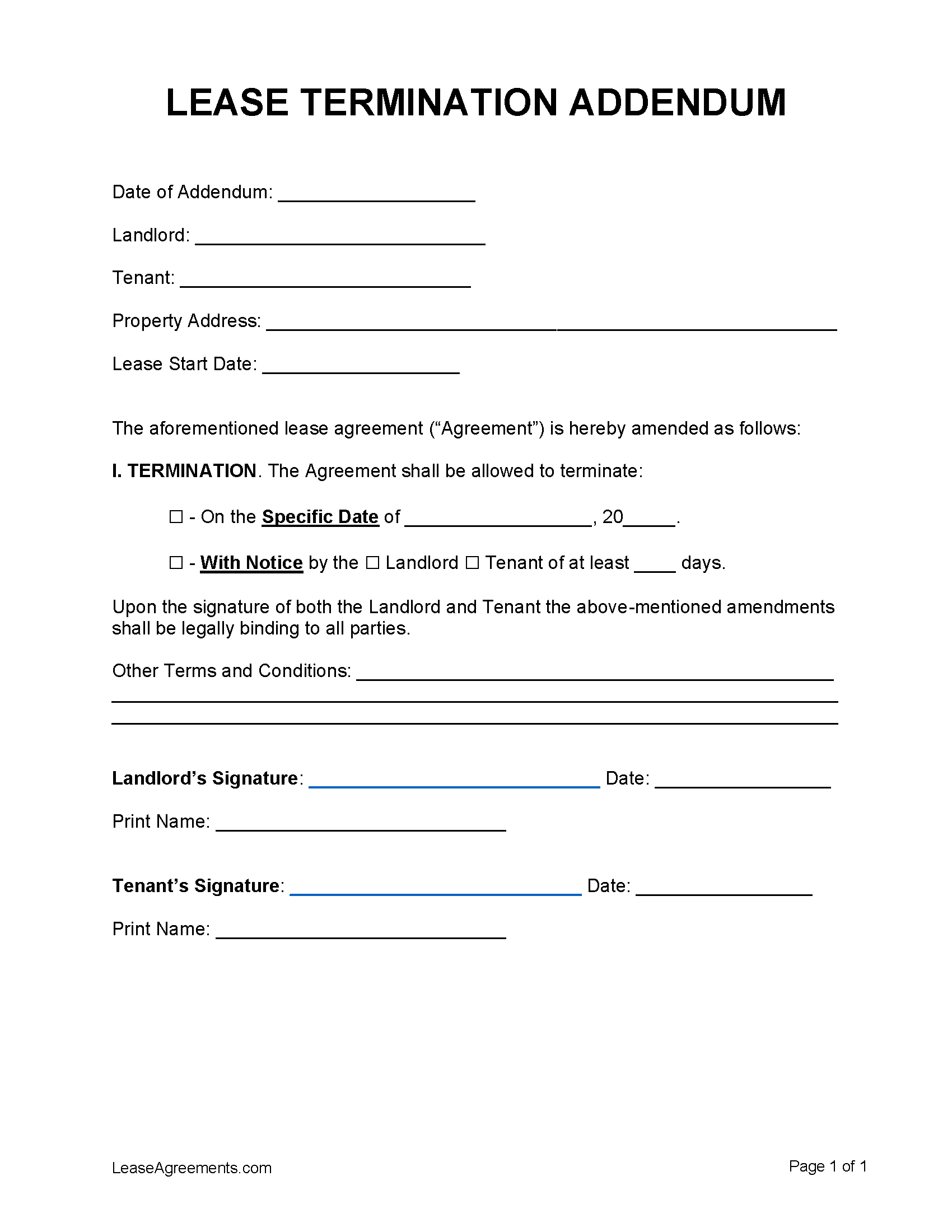 Free Early Lease Termination Addendum Template PDF WORD RTF