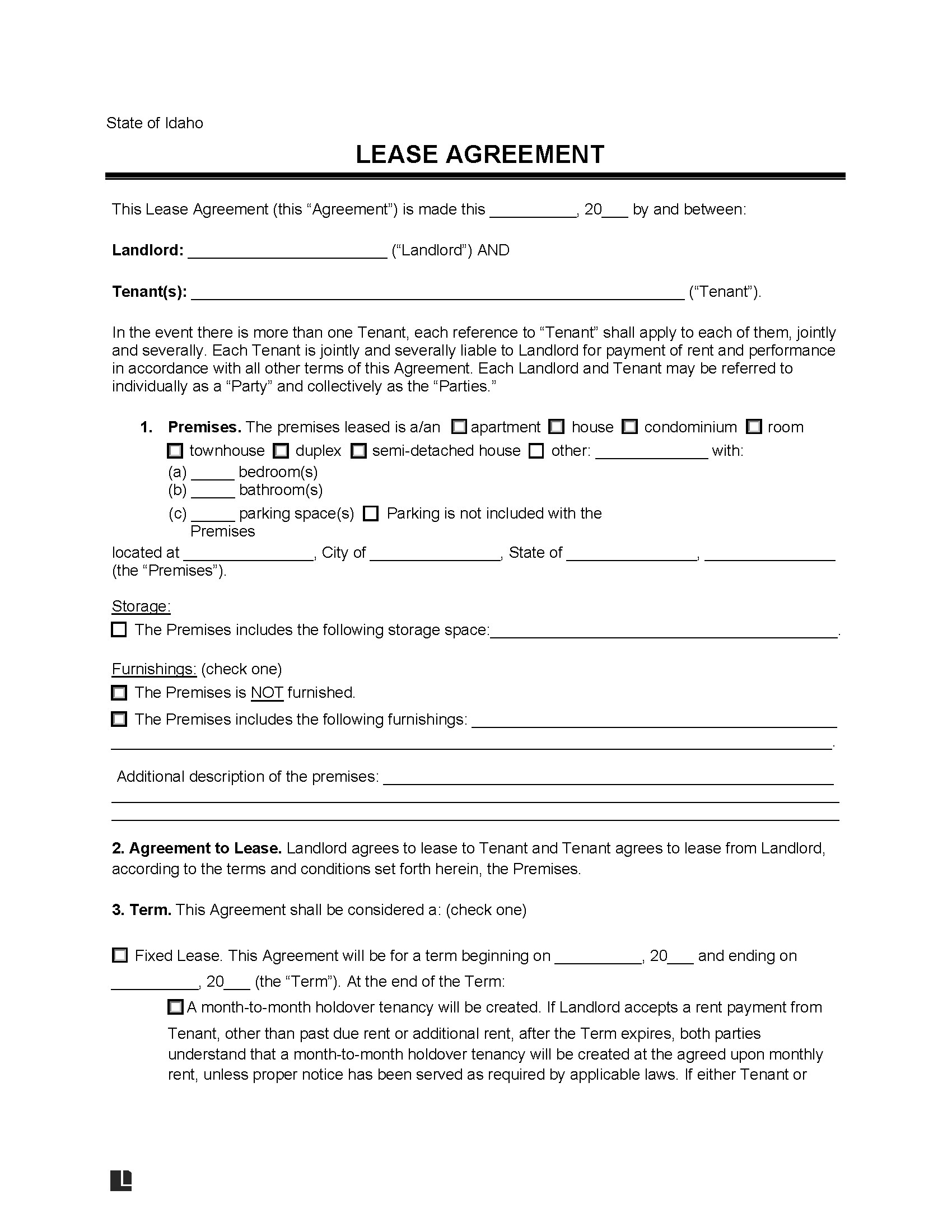 Free Idaho Standard Residential Lease Agreement | PDF | WORD | RTF