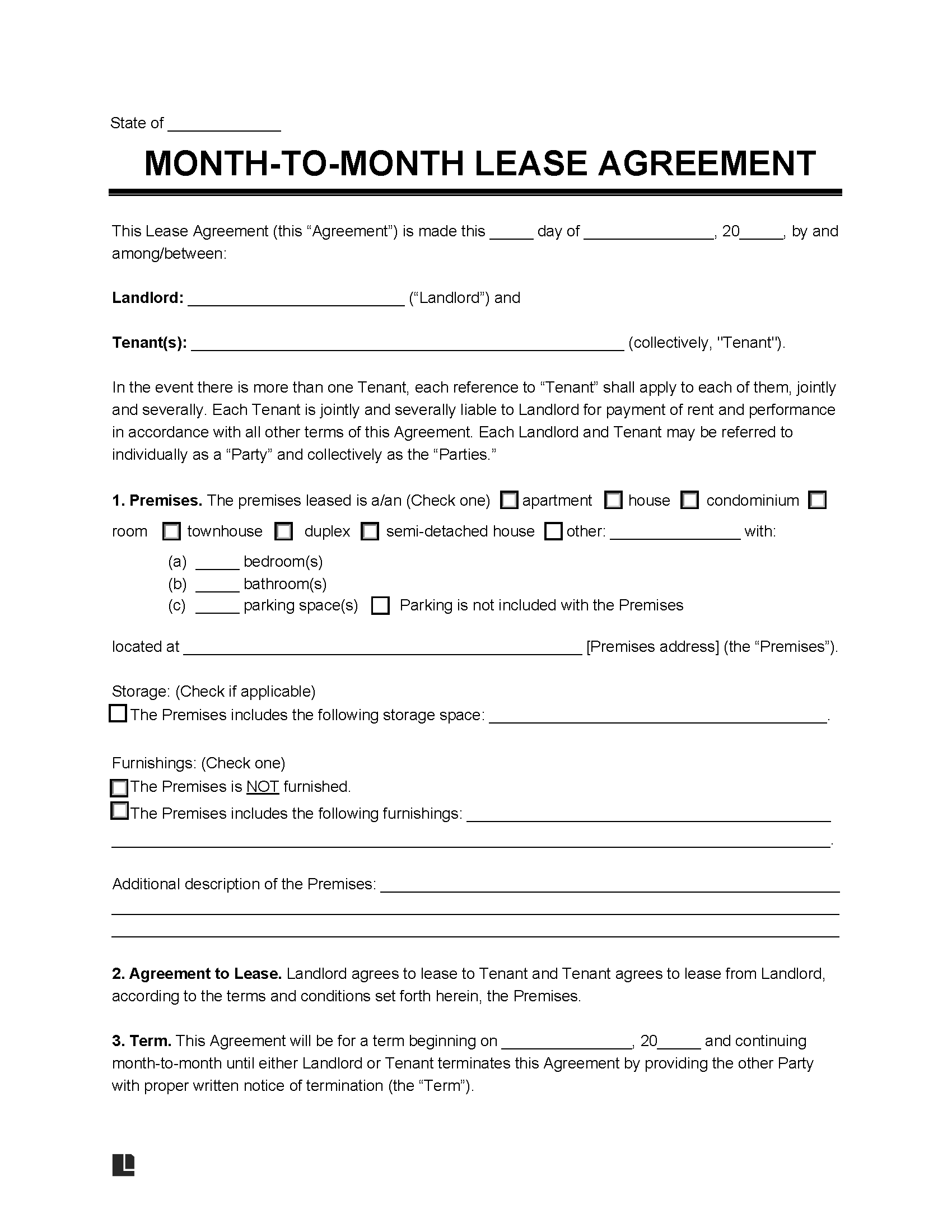 MonthtoMonth Rental Agreement eForms Aidan