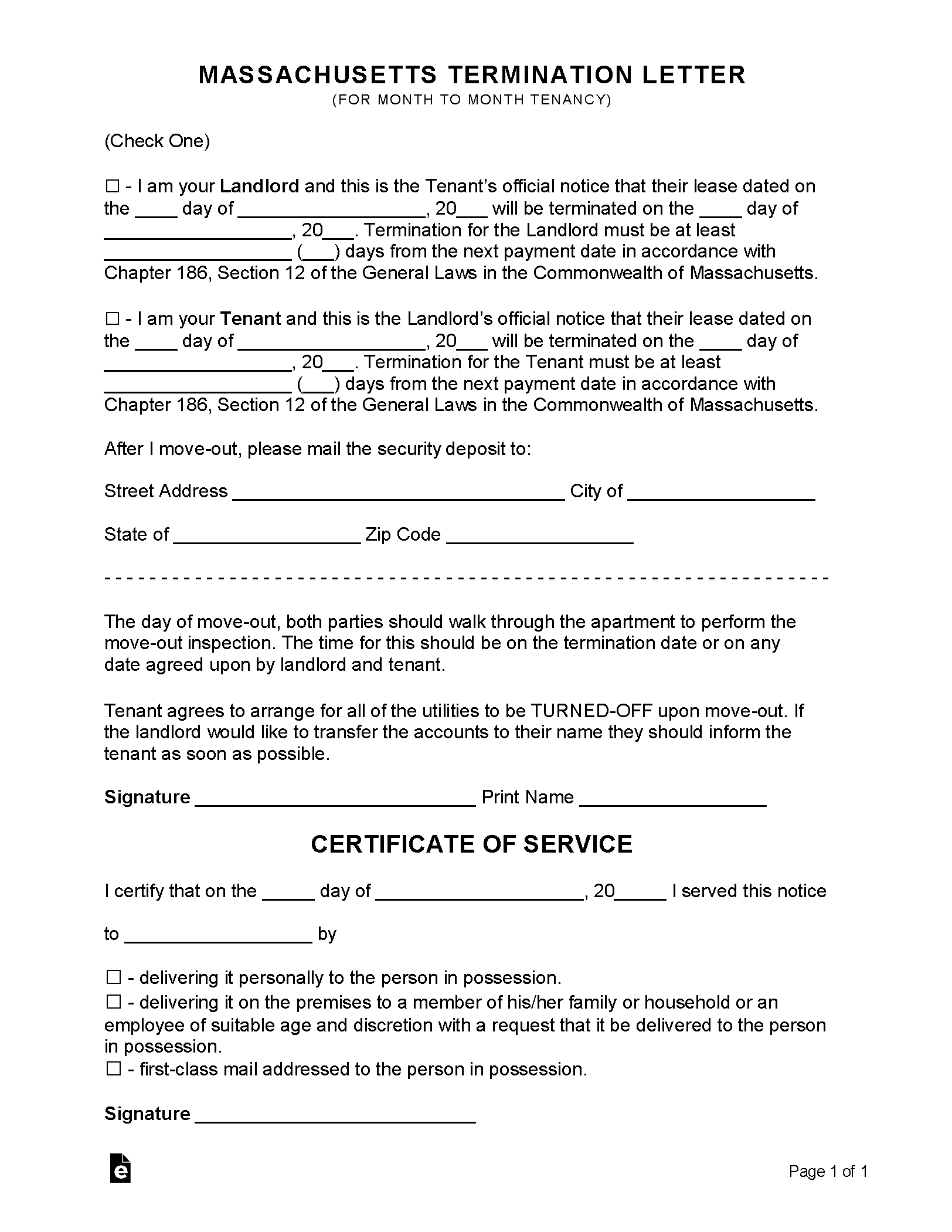 Free Massachusetts Month to Month Lease Termination Letter PDF WORD 