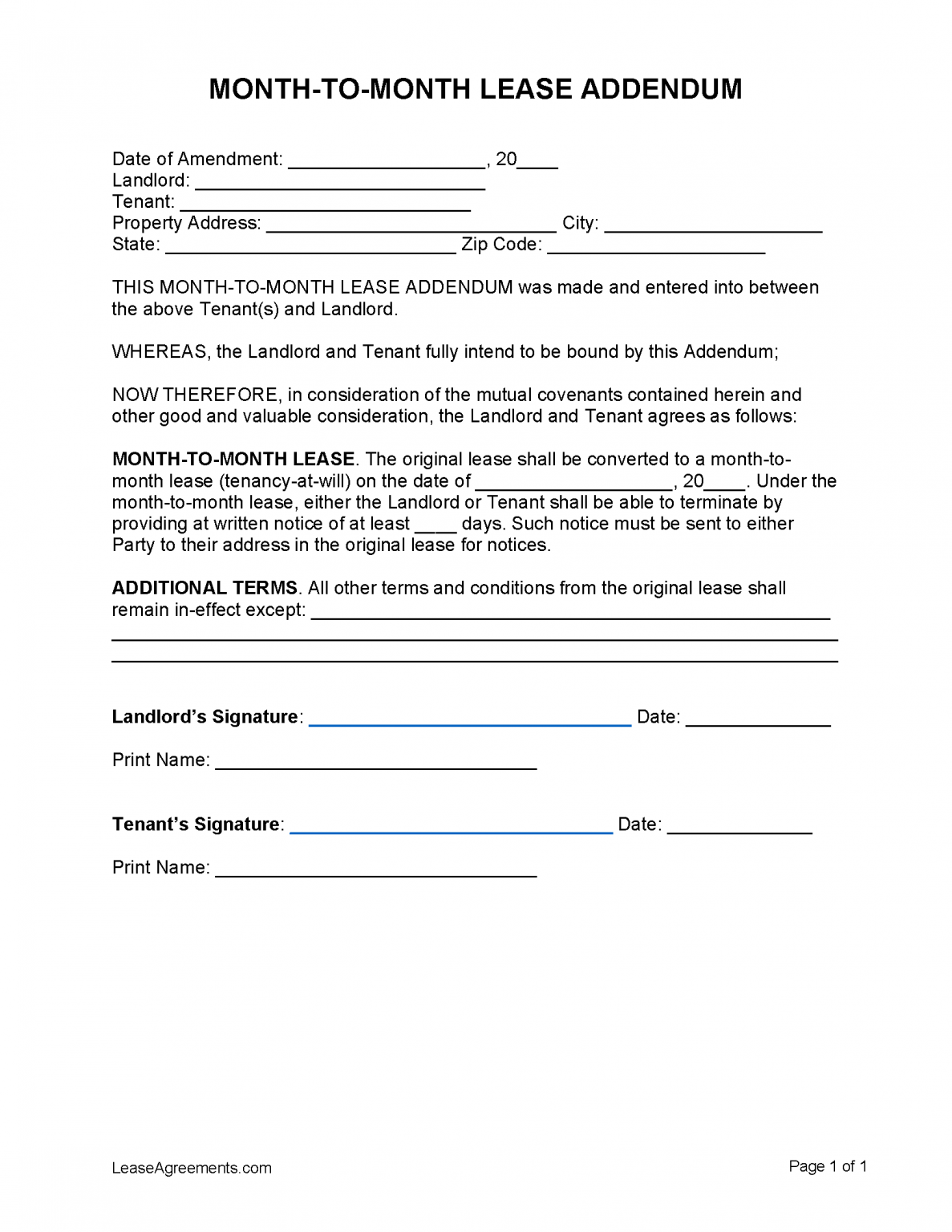 Free Month To Month Lease Addendum Template Pdf Word Rtf