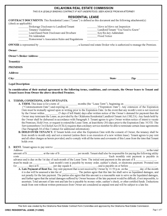 Free Oklahoma Standard Residential Lease Agreement Pdf Word Rtf 5320