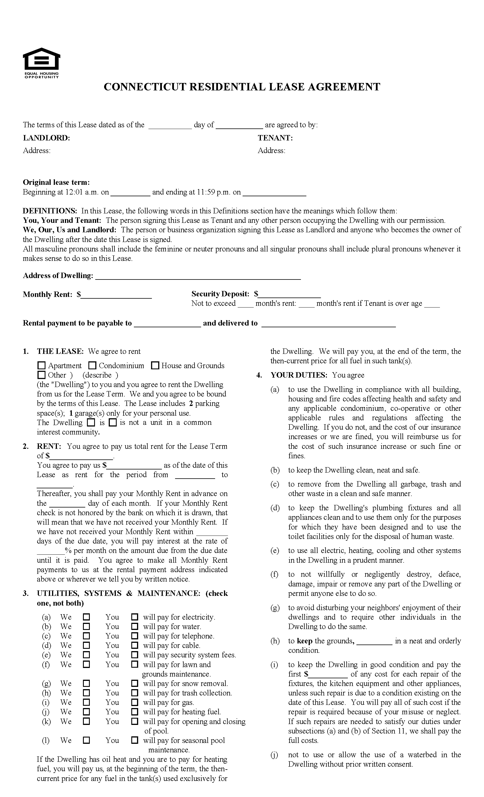 Free Connecticut Standard Residential Lease Agreement PDF WORD RTF