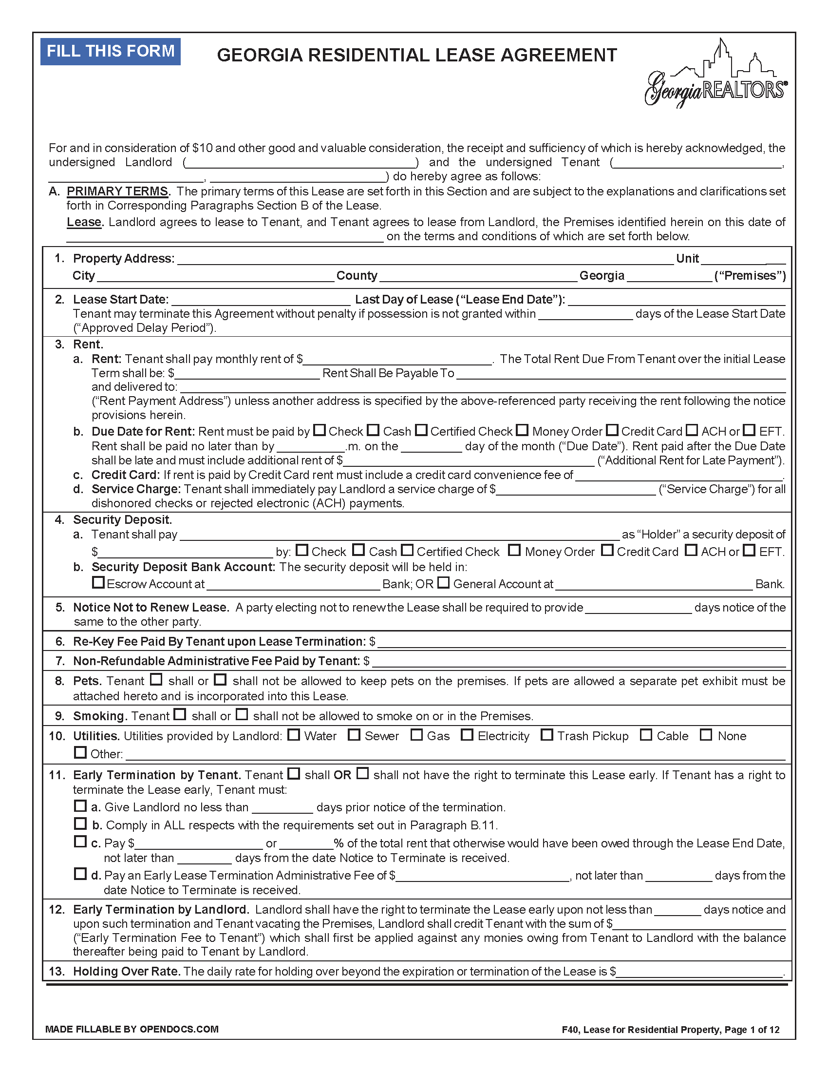 Free Standard Residential Lease Agreement PDF WORD RTF