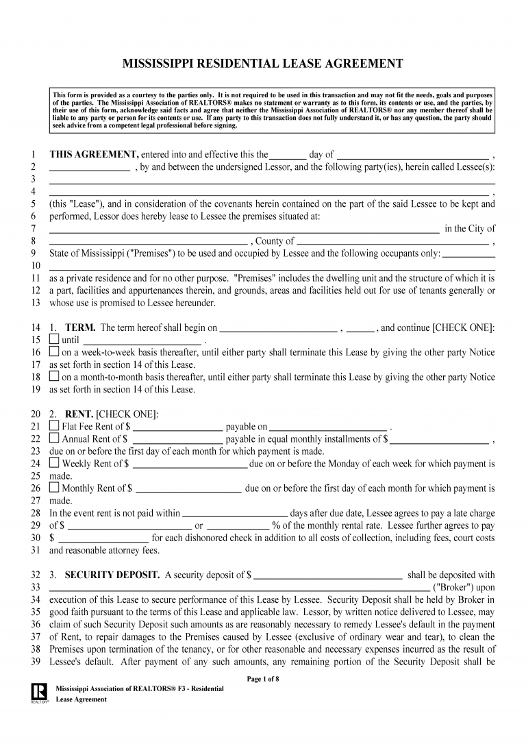 Free Mississippi Standard Residential Lease Agreement PDF WORD RTF