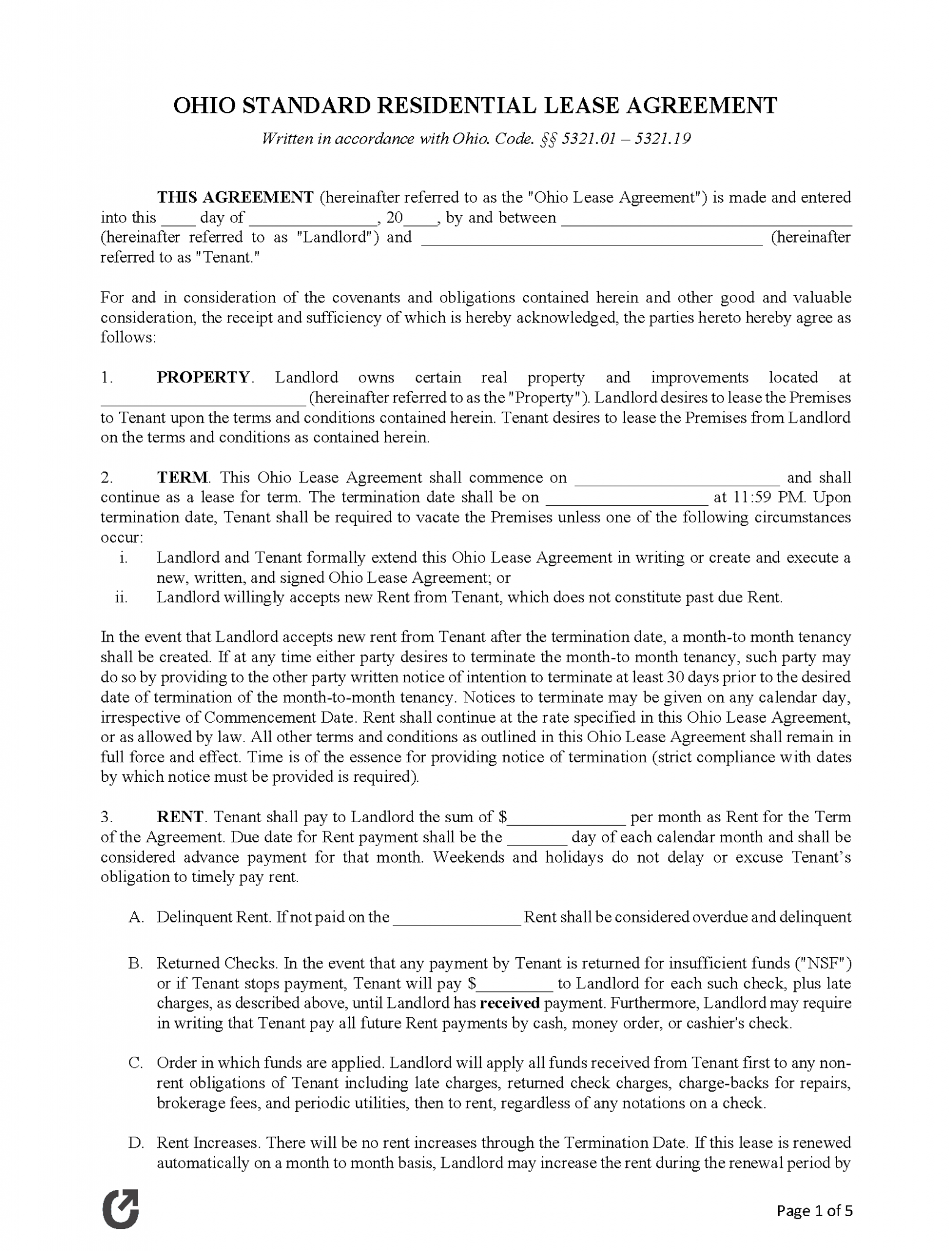 Free Ohio Standard Residential Lease Agreement | PDF | WORD | RTF