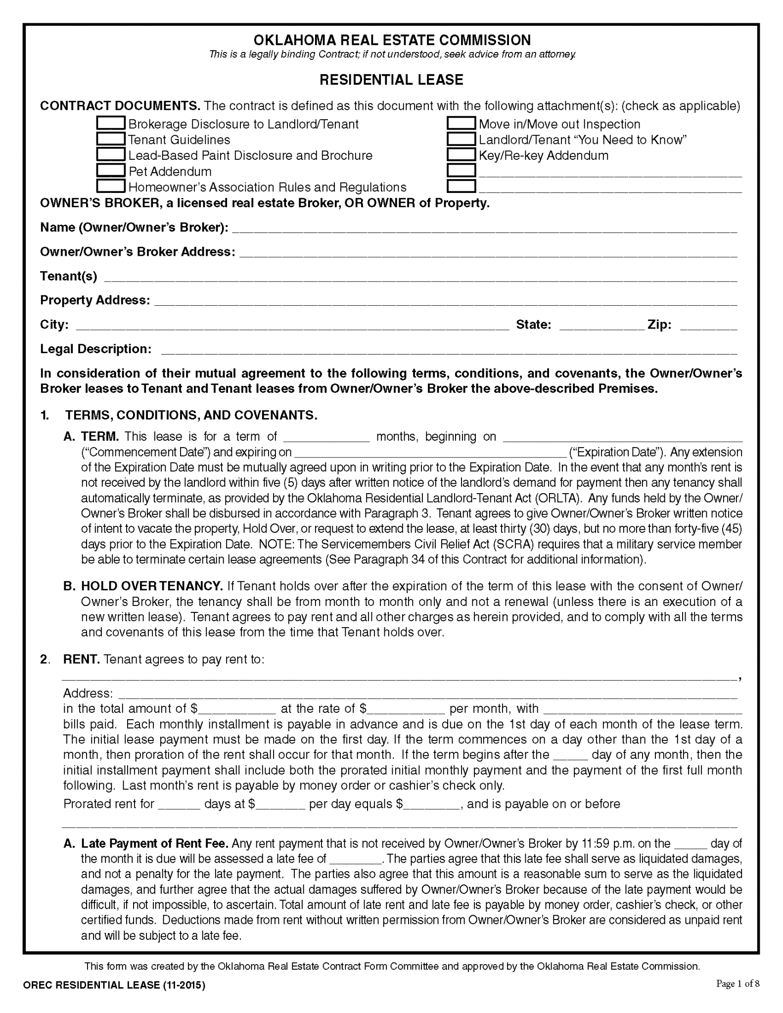 Free Oklahoma Standard Residential Lease Agreement Pdf Word Rtf 8307