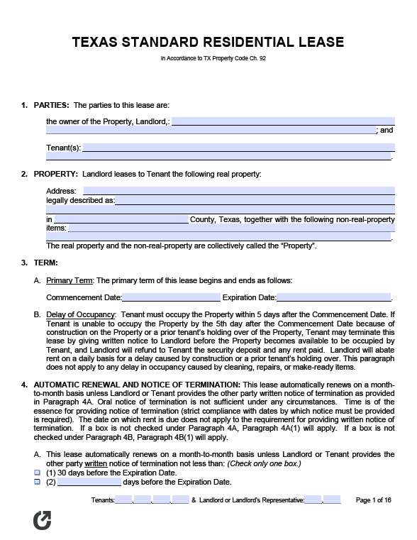 Free Texas Standard Residential Lease Agreement | PDF | WORD | RTF