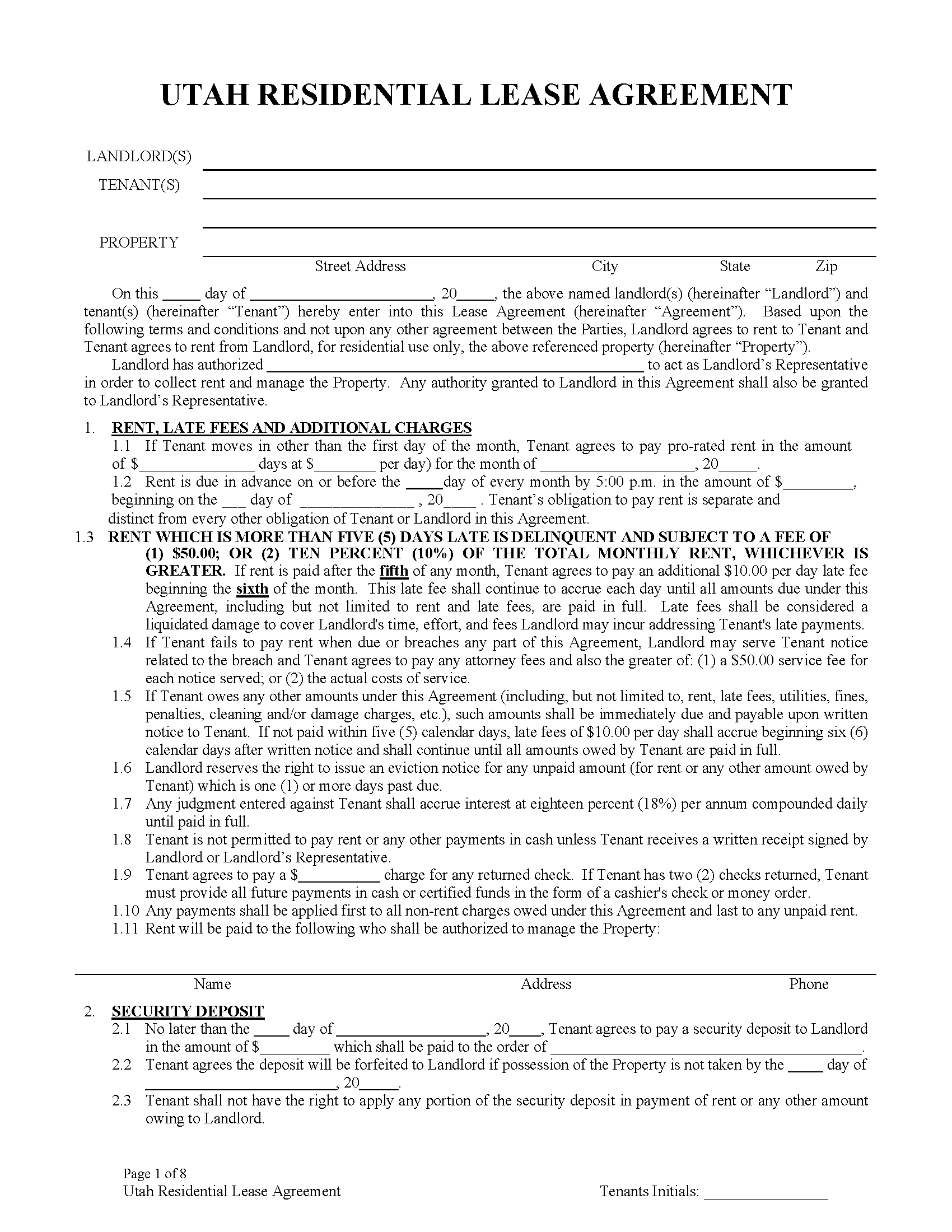 Free Utah Standard Residential Lease Agreement PDF WORD RTF