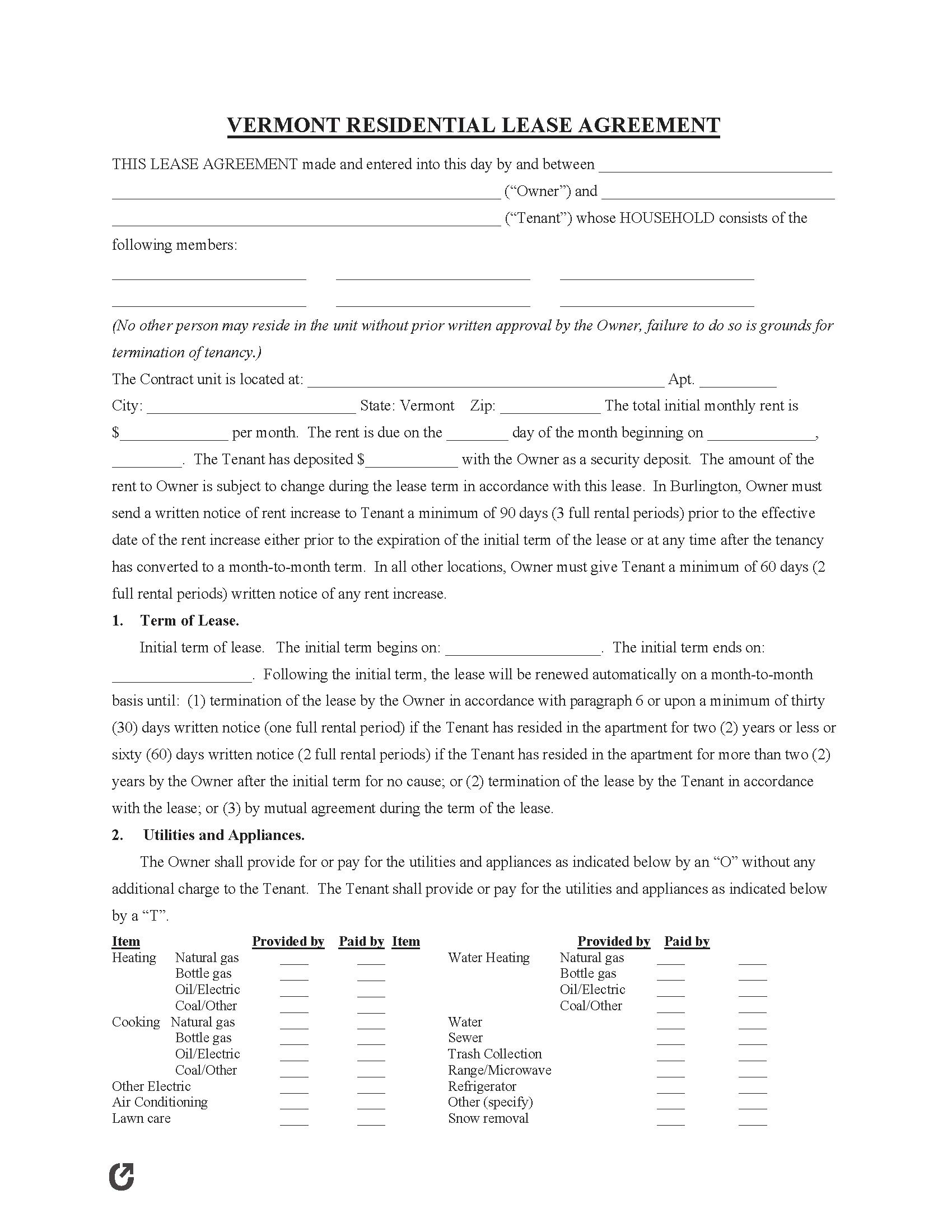 Free Vermont Standard Residential Lease Agreement PDF WORD RTF