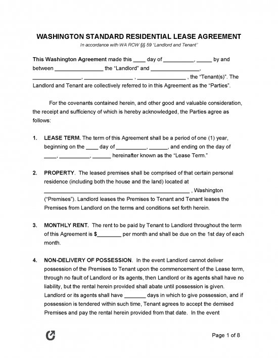Free Washington Standard Residential Lease Agreement PDF WORD RTF