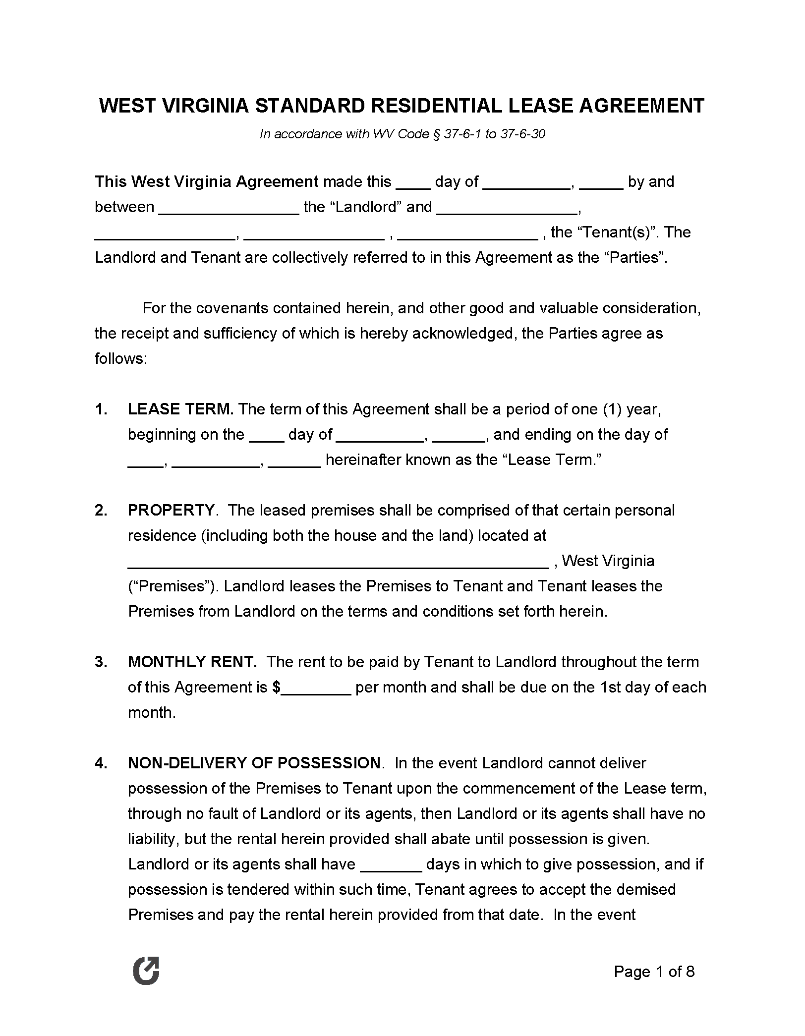 Free West Virginia Standard Residential Lease Agreement | PDF | WORD | RTF