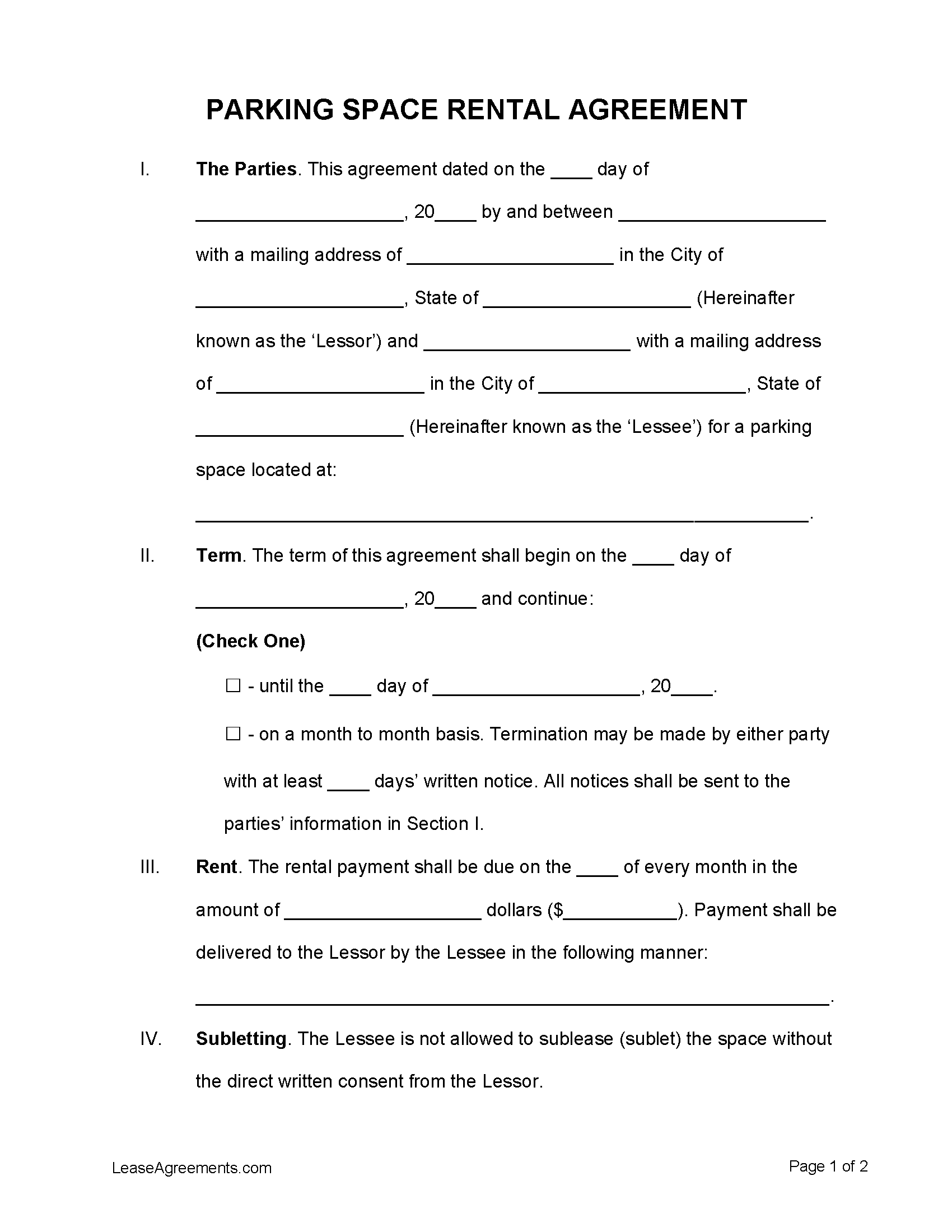 Free Parking Space Lease Agreement - Template | PDF | WORD | RTF