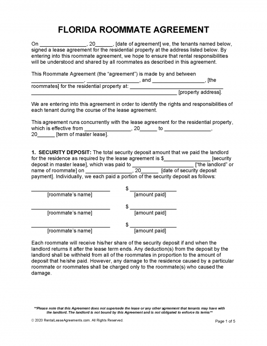 Free Florida Roommate Agreement Template | PDF | WORD | RTF