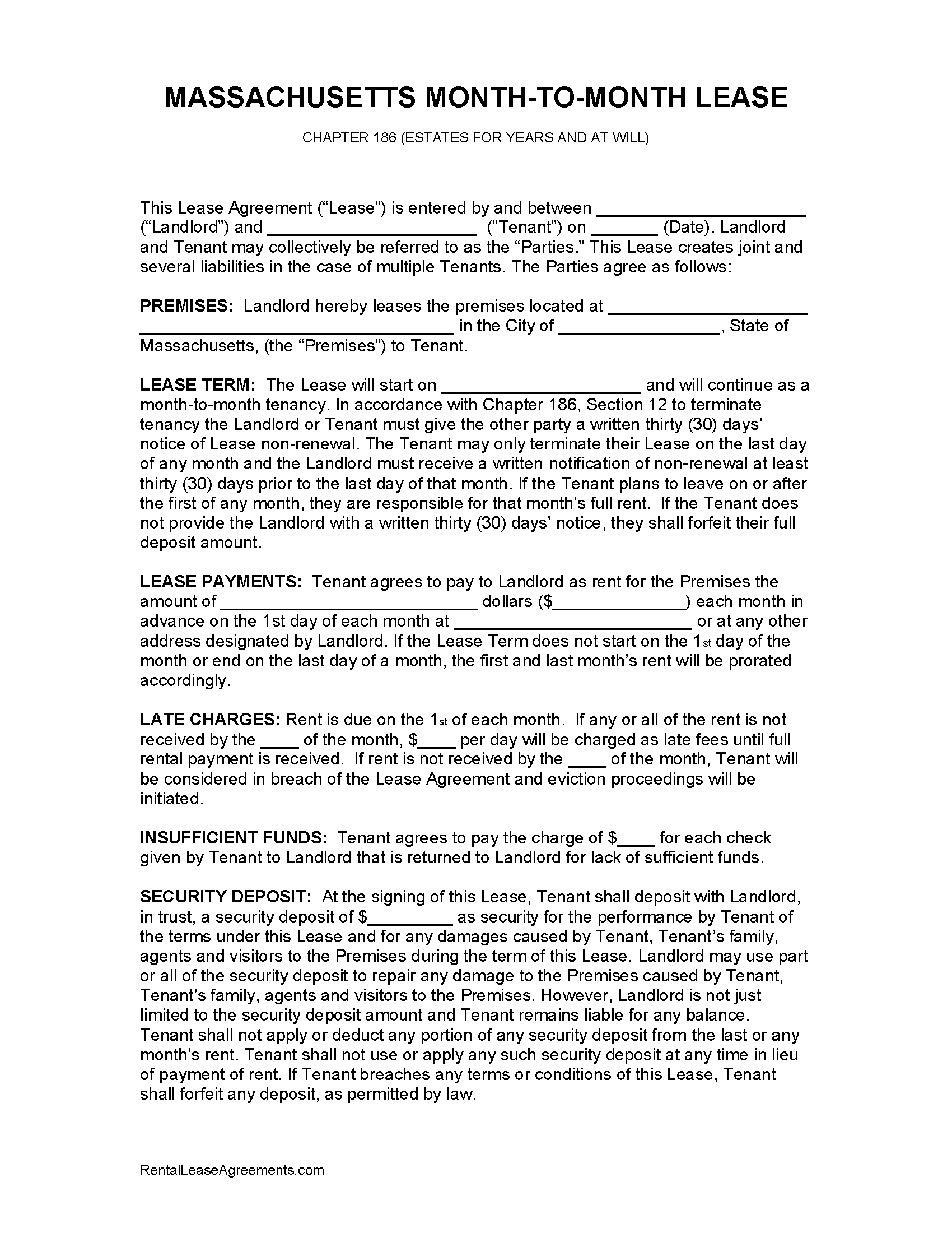 Free Massachusetts MonthtoMonth Rental Agreement PDF WORD RTF