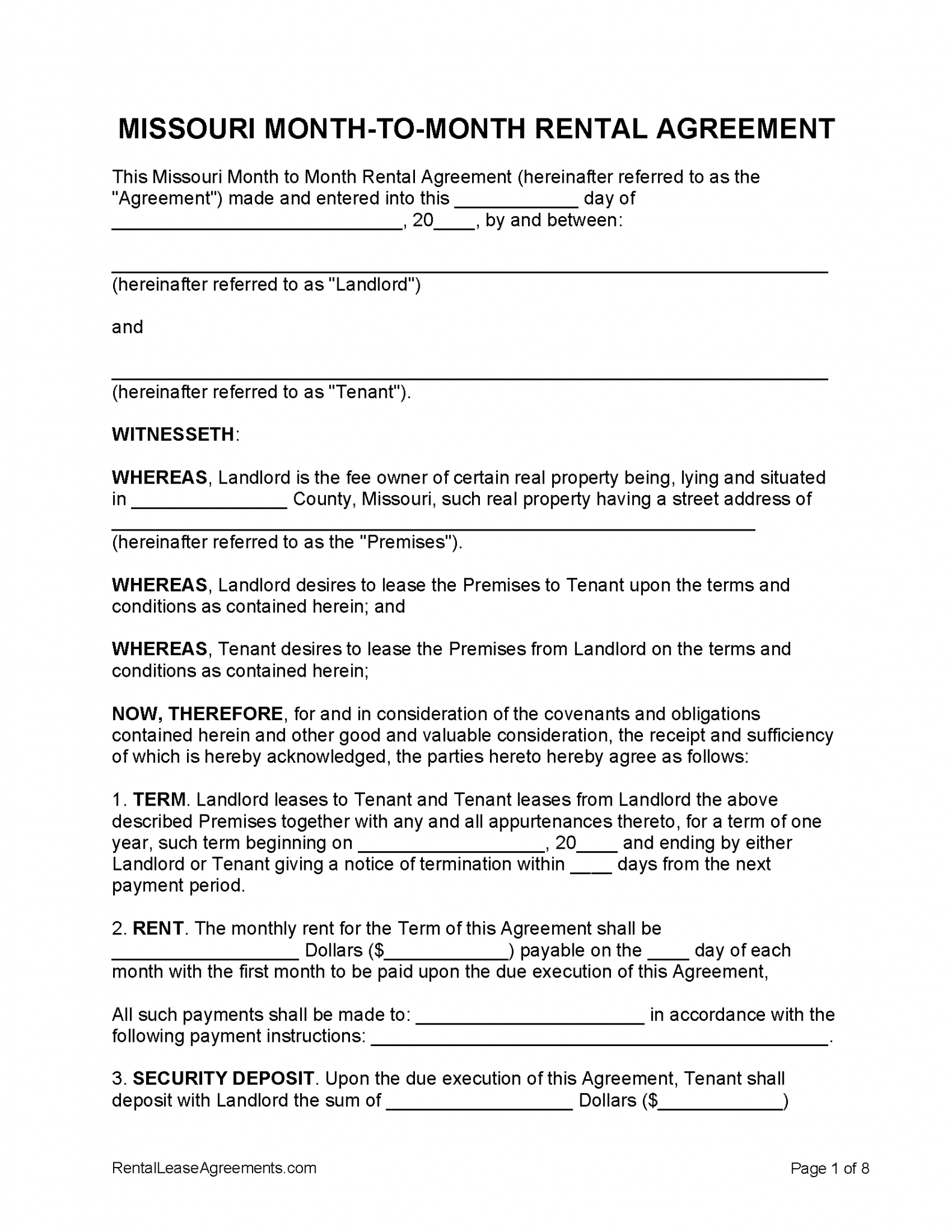 Free Missouri MonthtoMonth Rental Agreement PDF WORD RTF