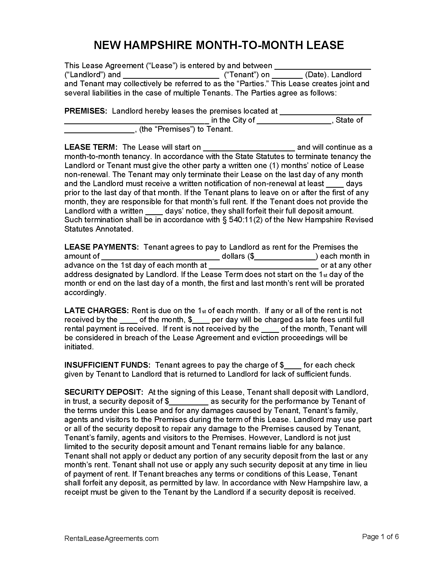 Free New Hampshire MonthtoMonth Rental Agreement PDF WORD RTF