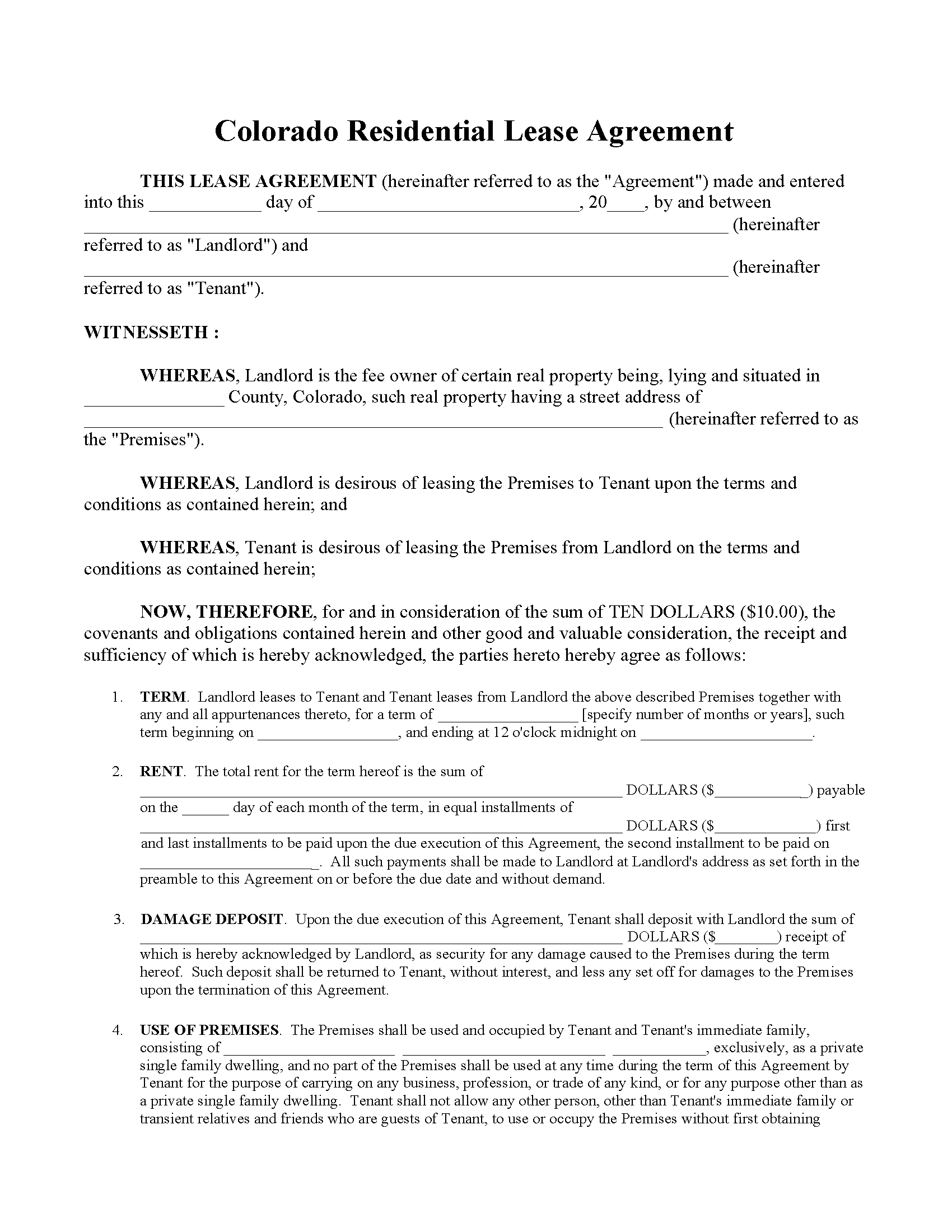 Free Colorado Standard Residential Lease Agreement PDF WORD RTF