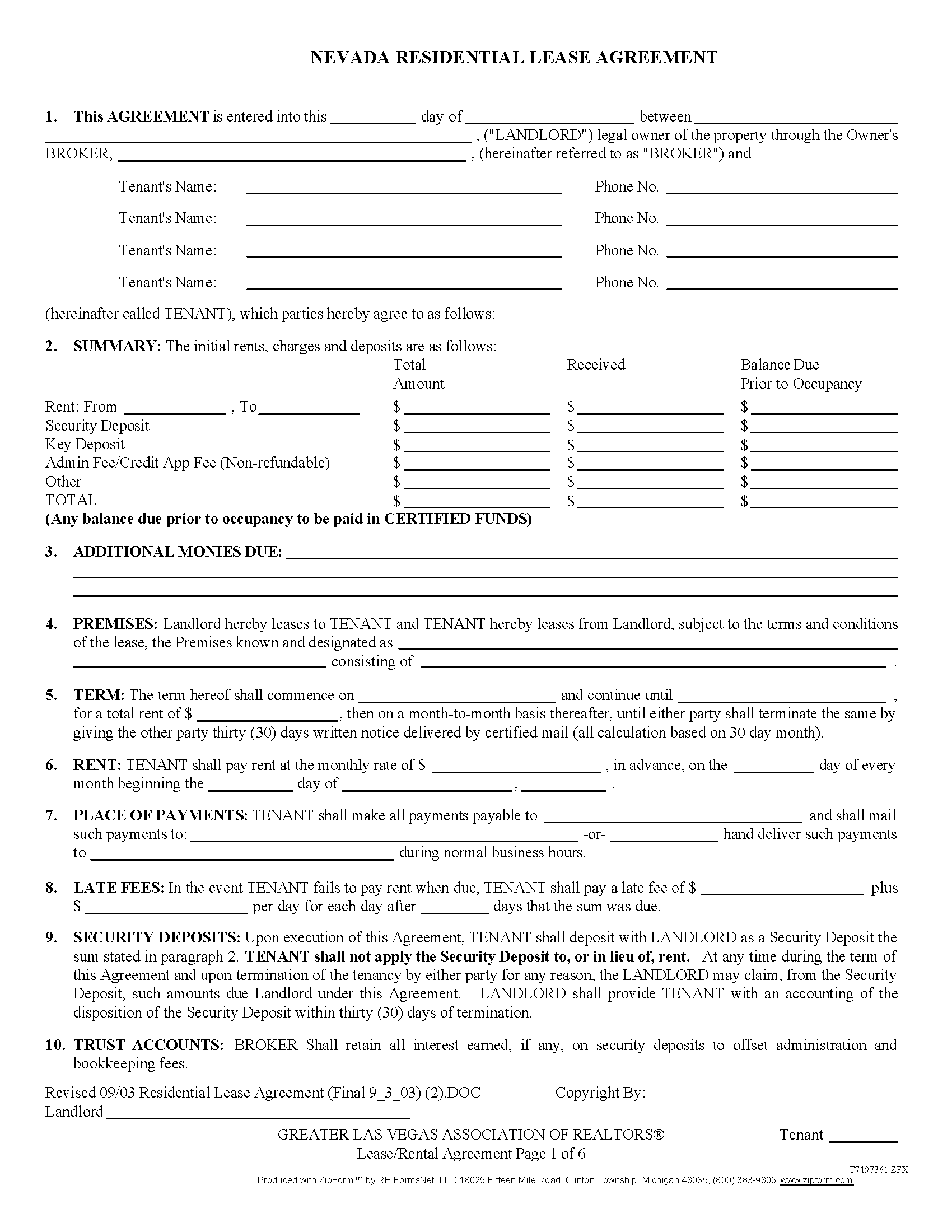 Free Nevada Standard Residential Lease Agreement PDF WORD RTF   RentalLease Nevada Standard Residential Lease Agreement 