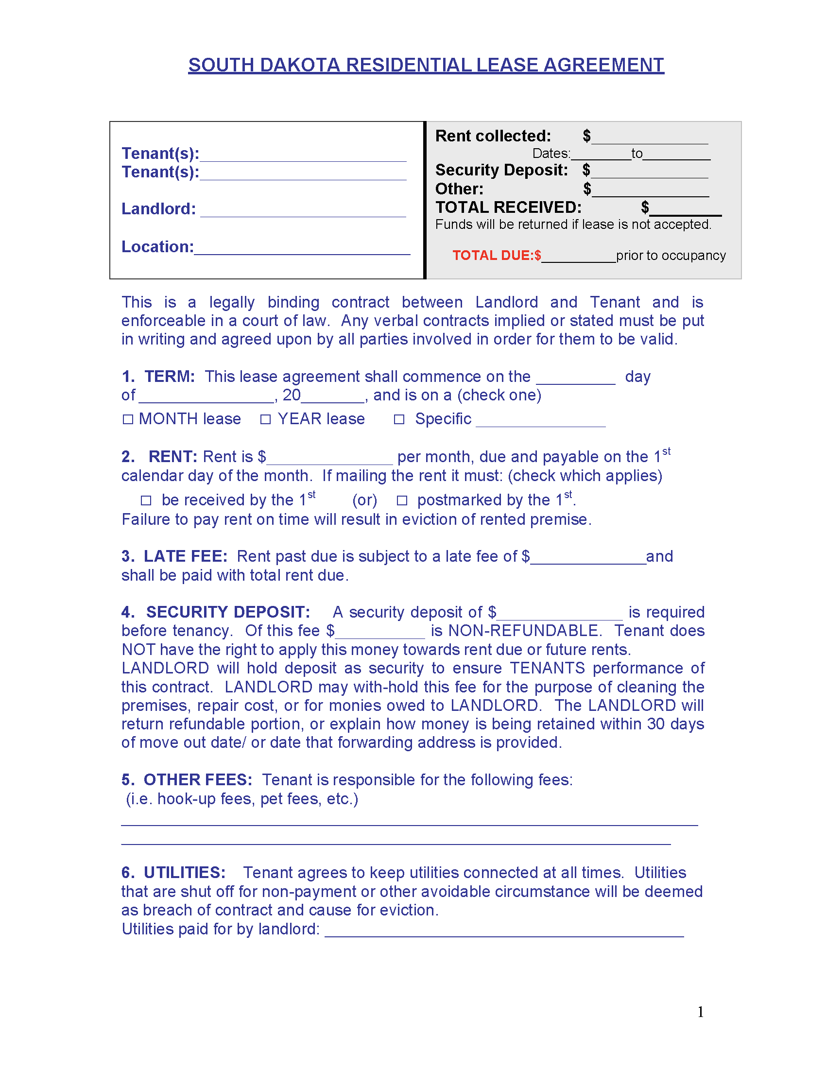 Free South Dakota Standard Residential Lease Agreement PDF WORD RTF
