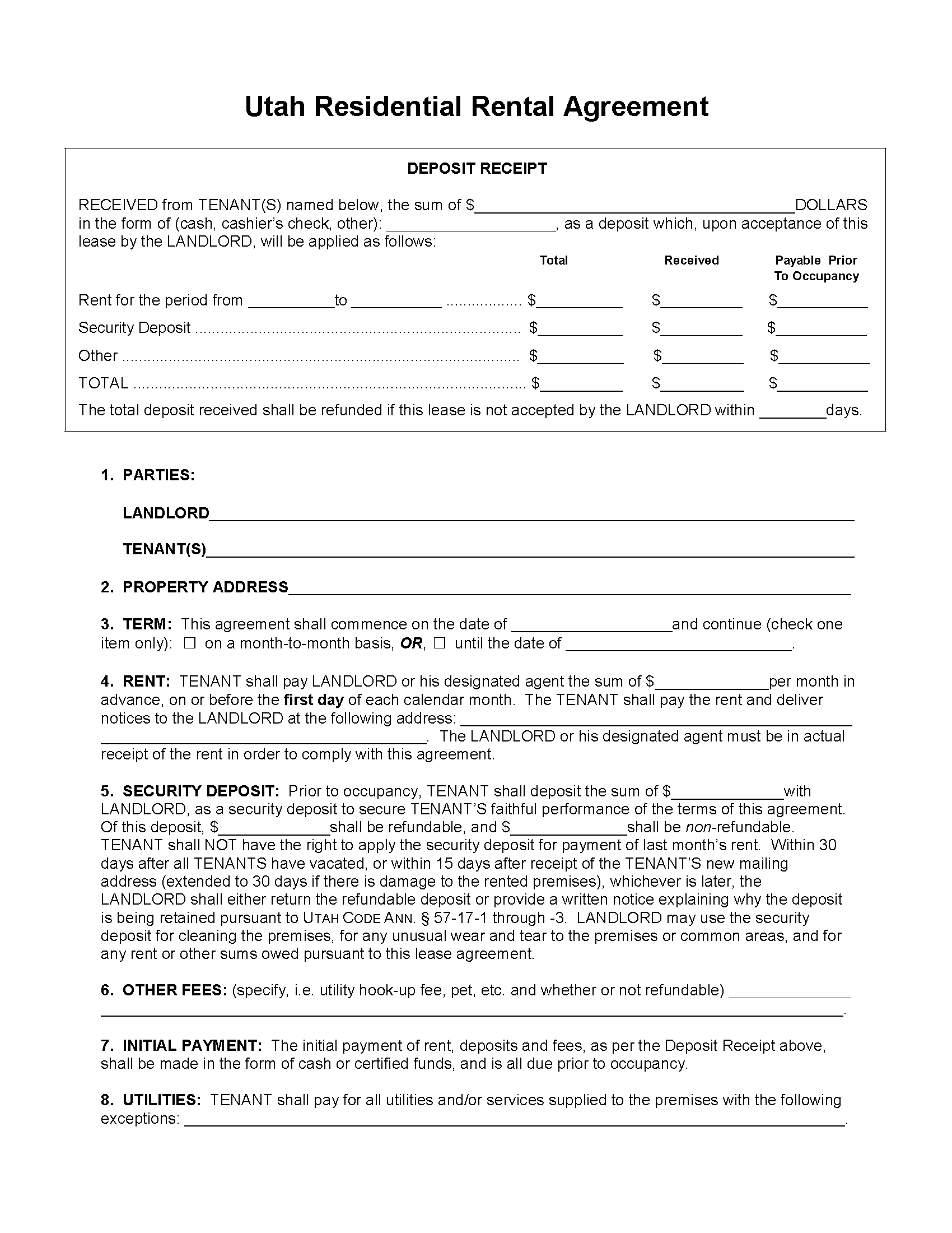 Free utah standard residential lease agreement pdf word rtf