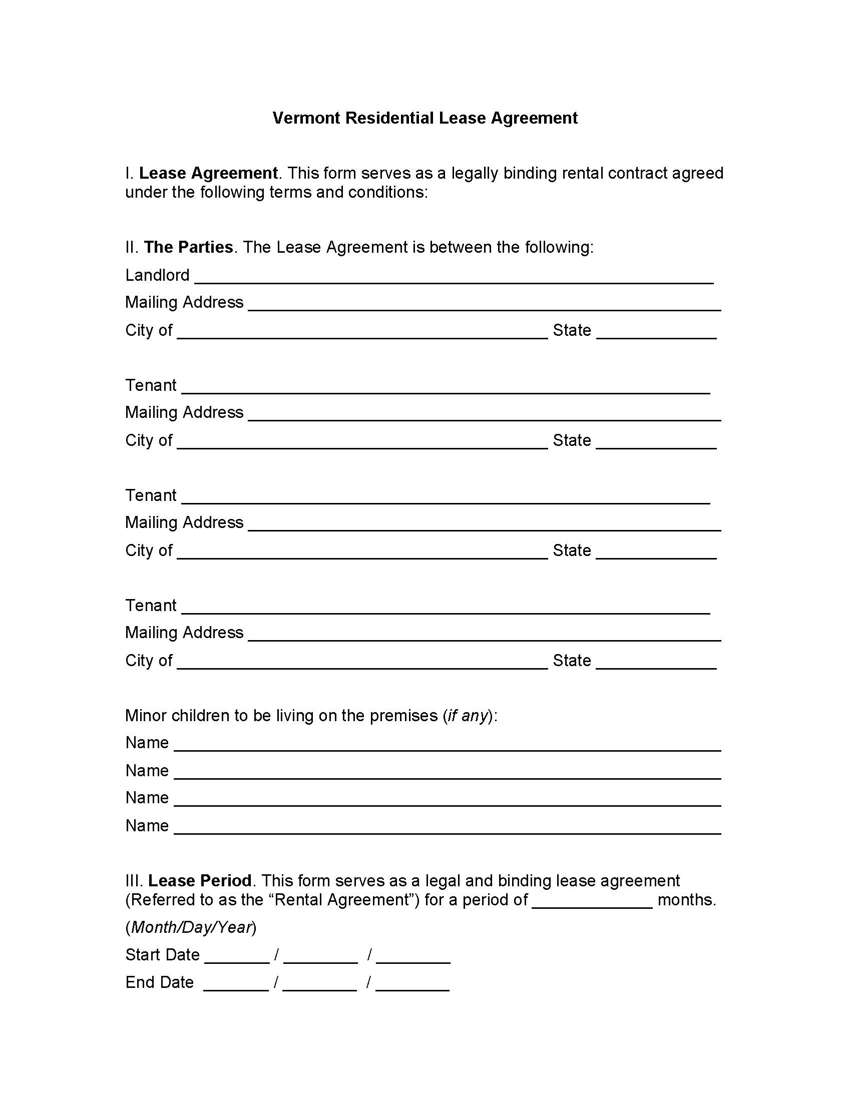 Free Vermont Standard Residential Lease Agreement PDF WORD RTF