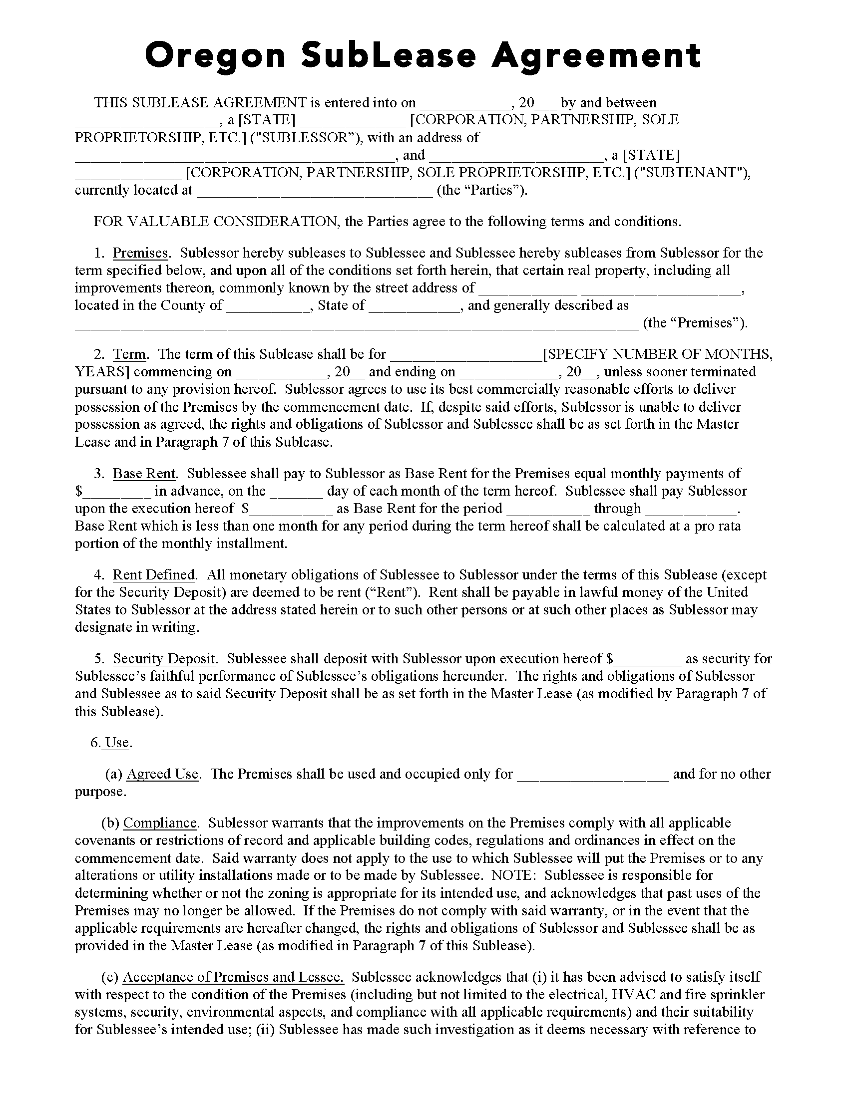 Free Oregon Sublease Agreement Template | PDF | WORD | RTF