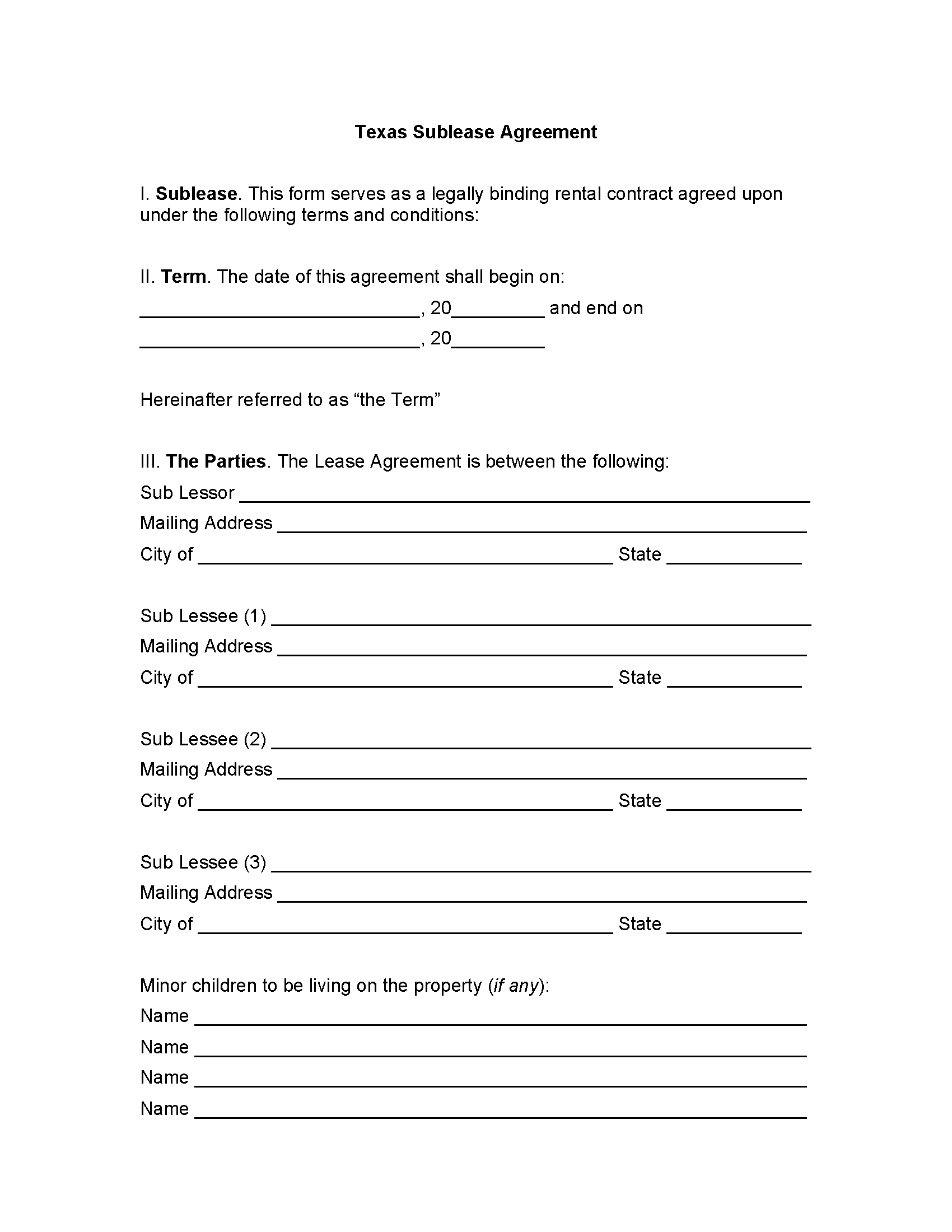 Free Texas Sublease Agreement Template PDF WORD RTF