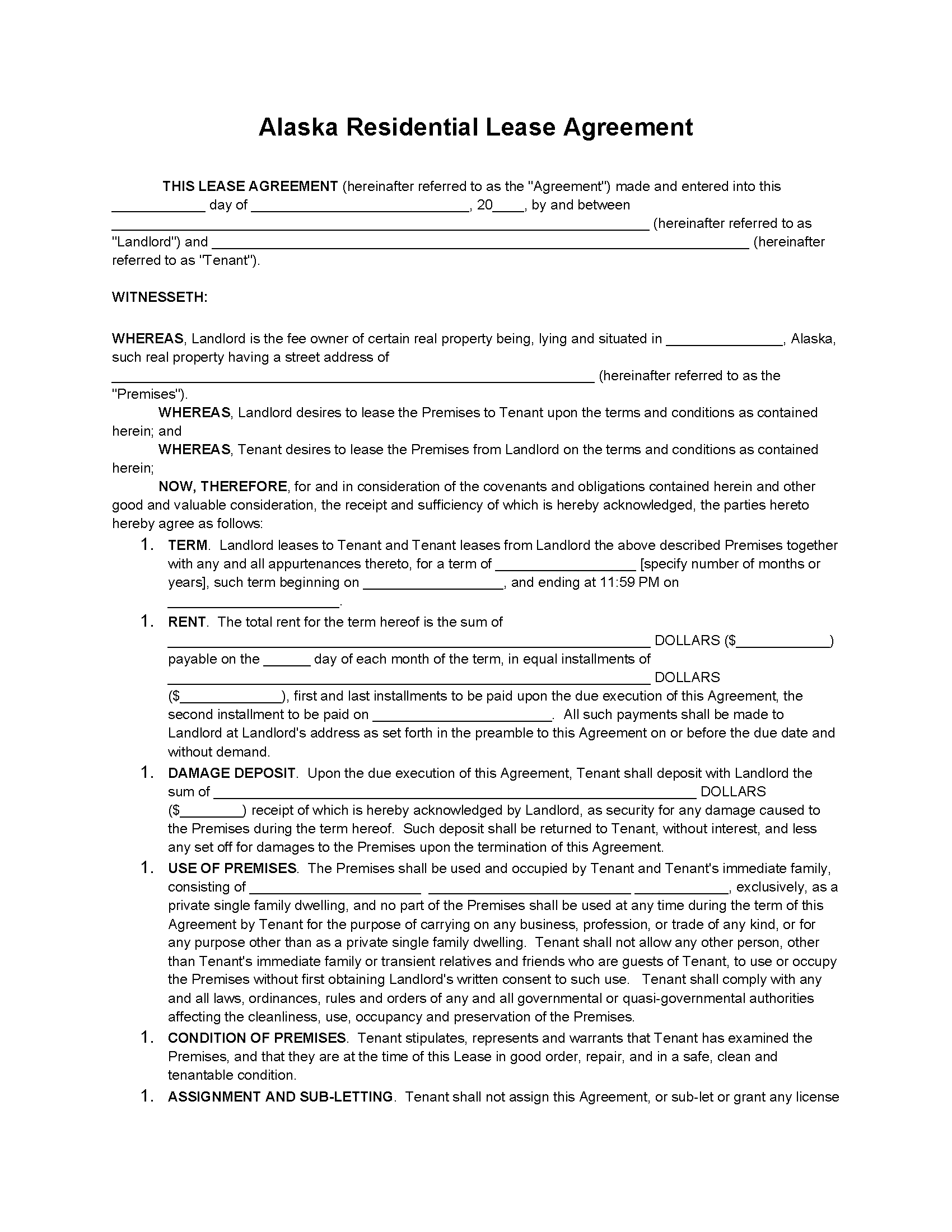 Free Alaska Standard Residential Lease Agreement PDF WORD RTF