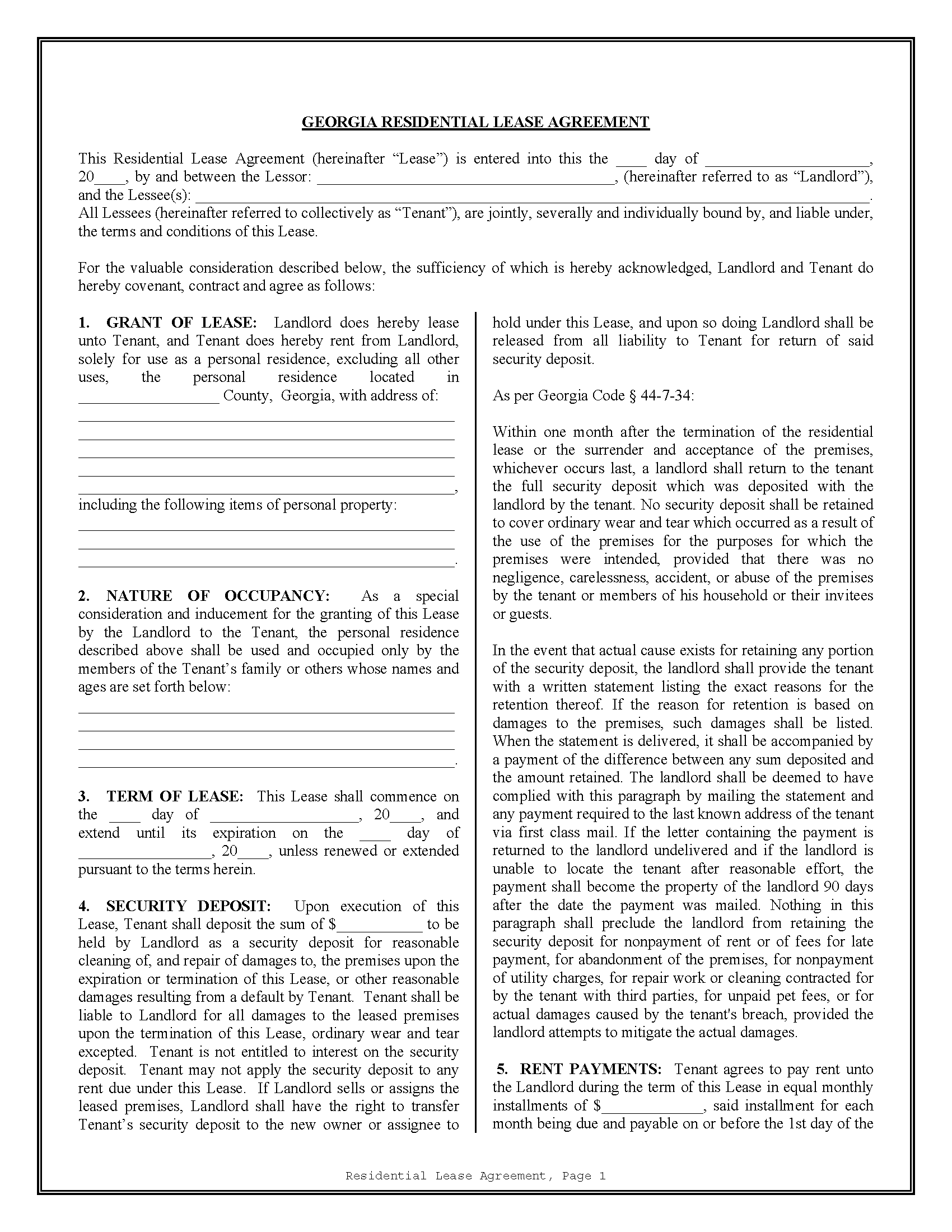 Free Standard Residential Lease Agreement PDF WORD RTF