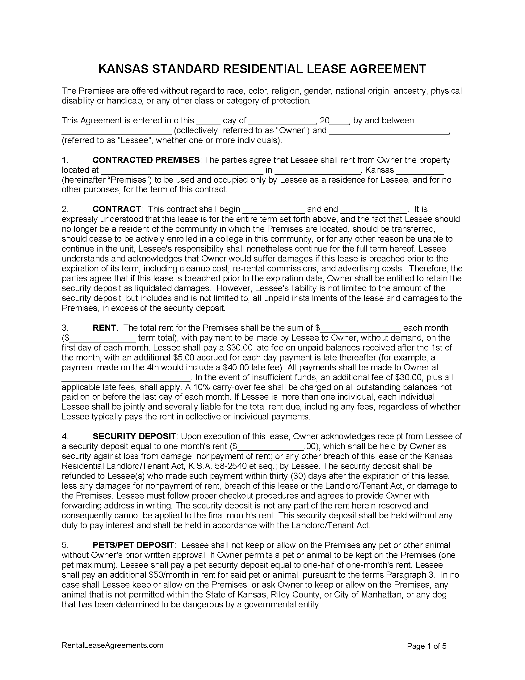 Free Kansas Standard Residential Lease Agreement | PDF | WORD | RTF