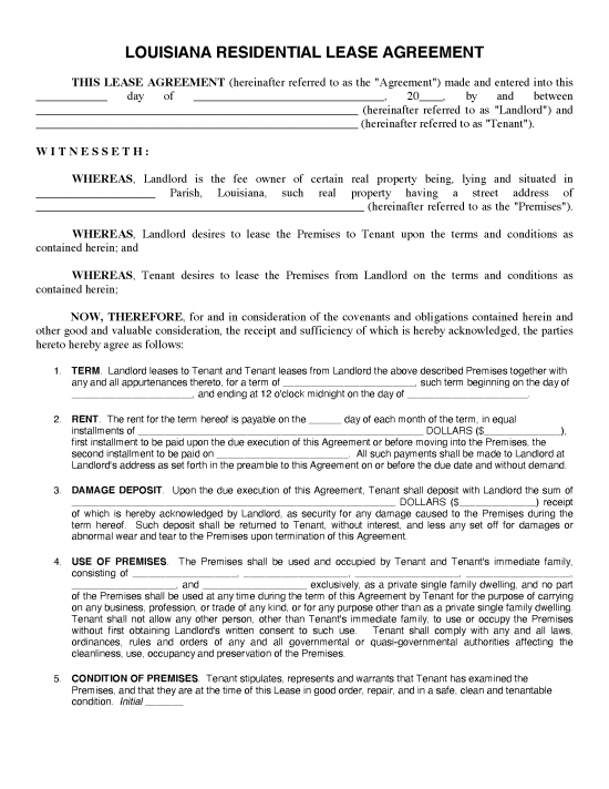 Free Louisiana Standard Residential Lease Agreement PDF WORD RTF