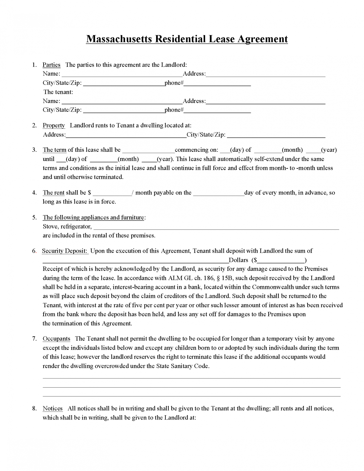Free Massachusetts Standard Residential Lease Agreement PDF WORD RTF
