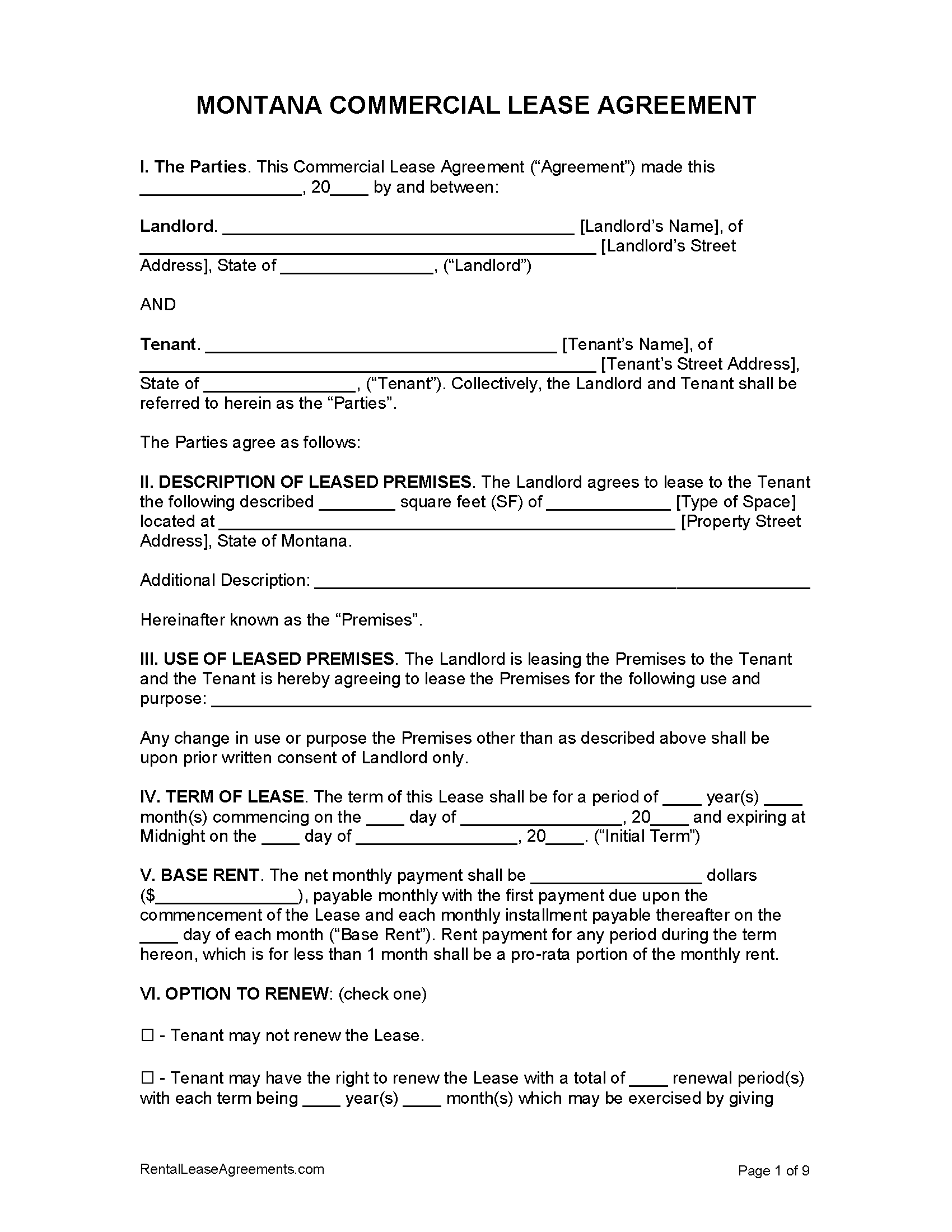 Free Montana Commercial Lease Agreement Template Pdf Word Rtf 7693