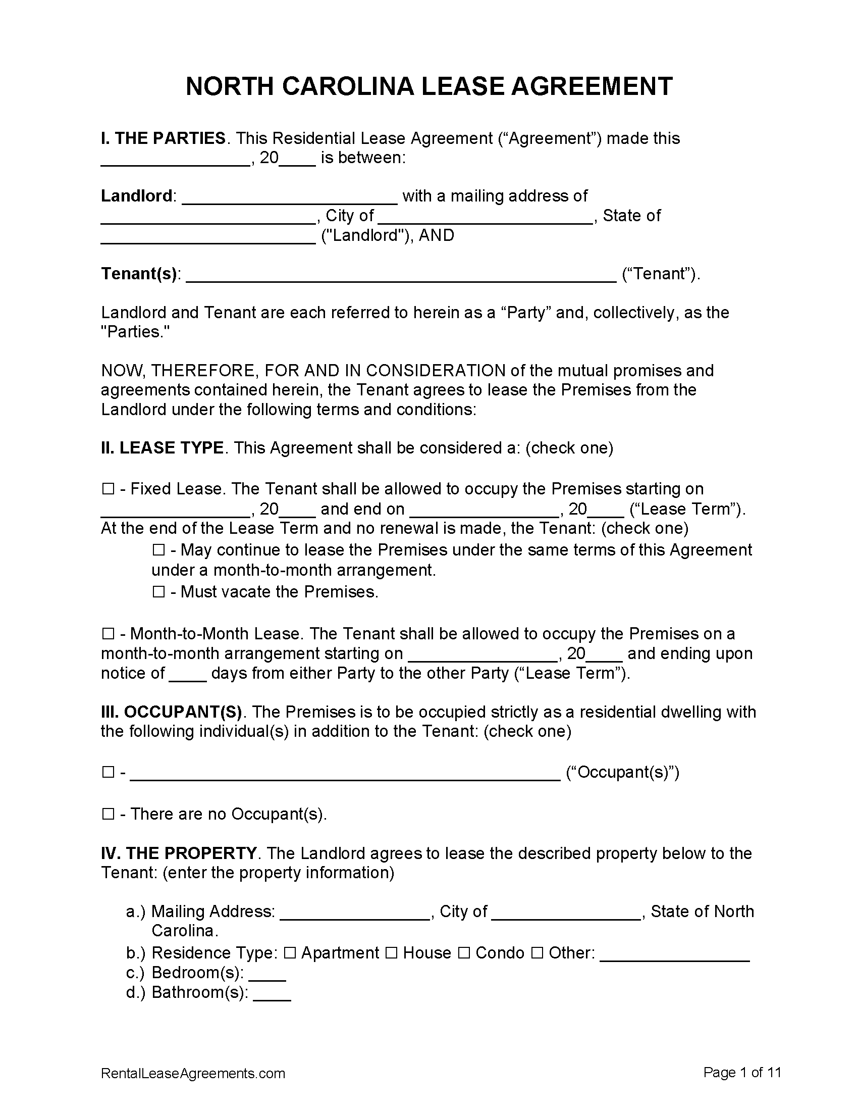 North Carolina Lease Agreement Templates 6 