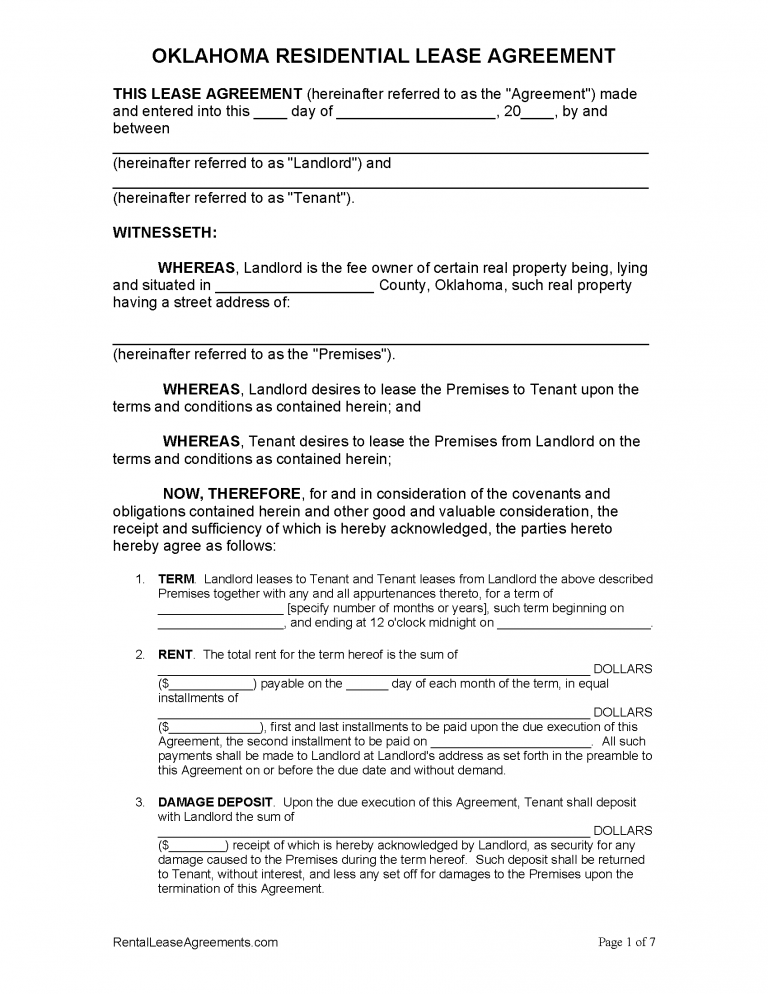 Free Oklahoma Standard Residential Lease Agreement Pdf Word Rtf 