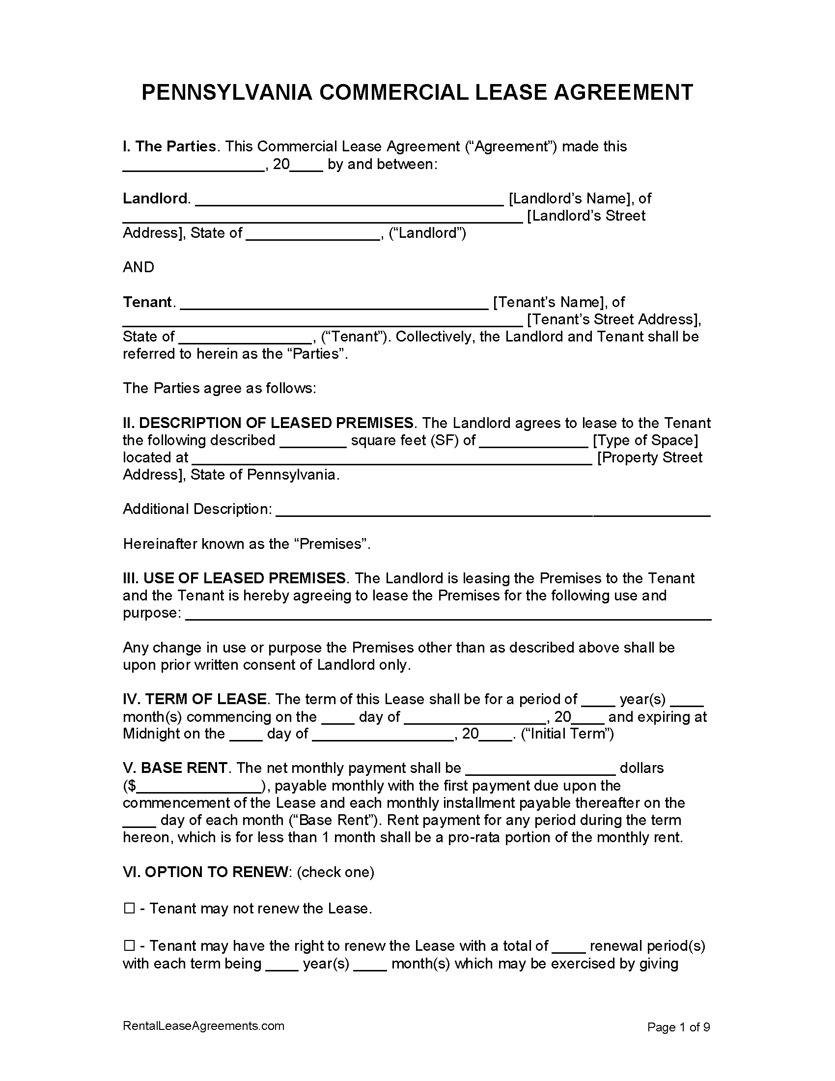 Free Pennsylvania Lease Agreement Templates 6 PDF WORD RTF