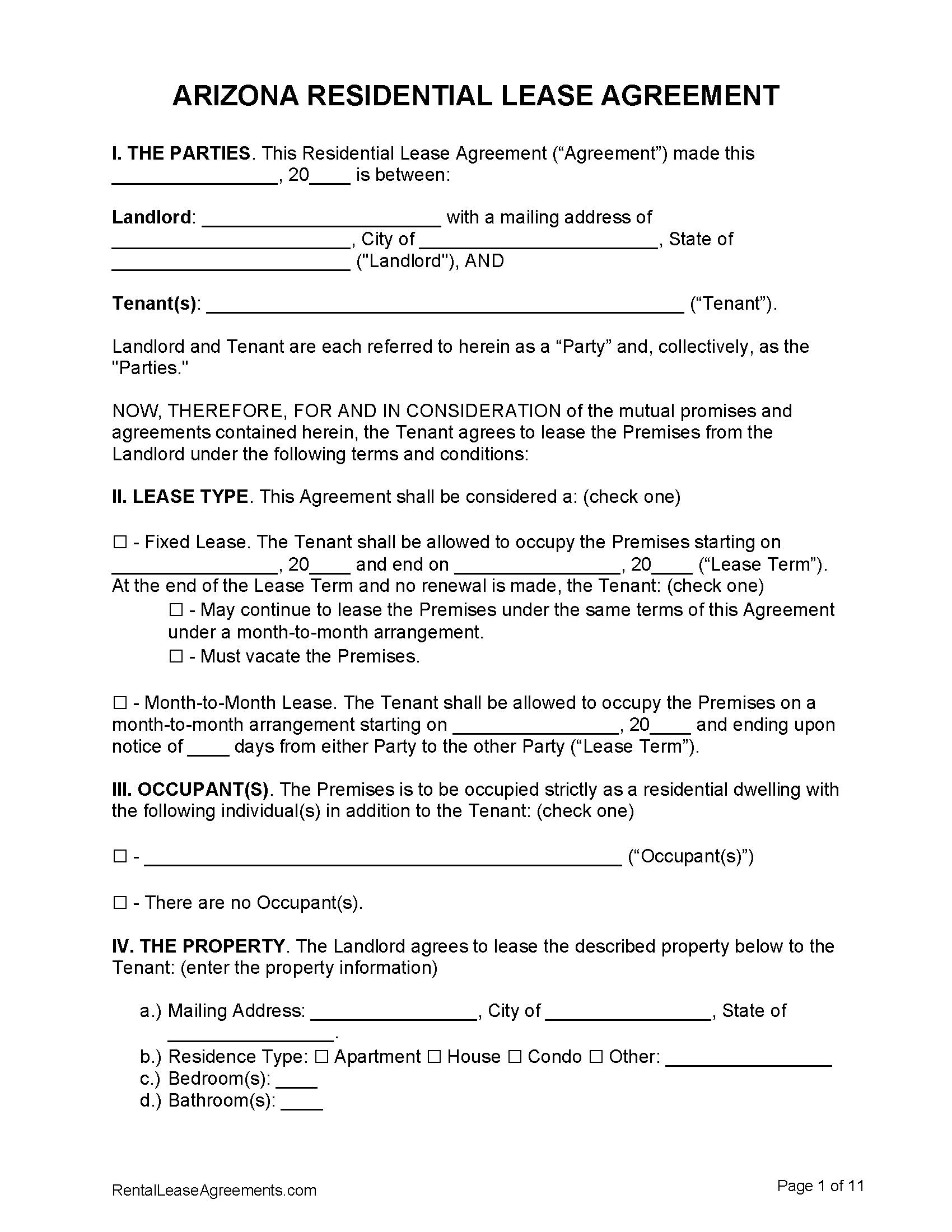 Free Arizona Standard Residential Lease Agreement PDF WORD RTF