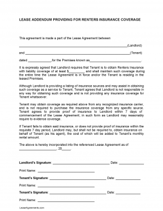 Free Insurance Addendum To A Residential Lease - Template | PDF