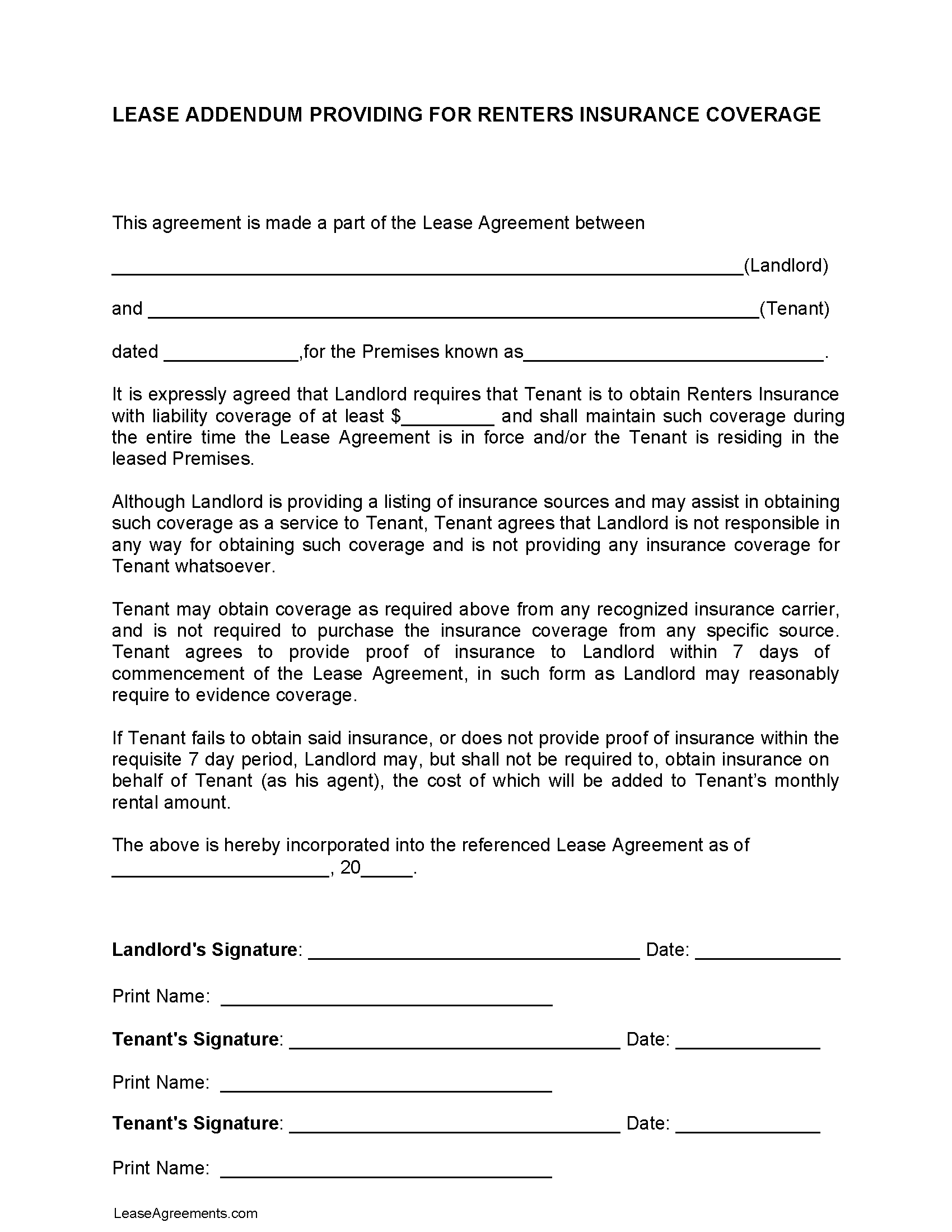 Free Insurance Addendum to a Residential Lease - Template | PDF