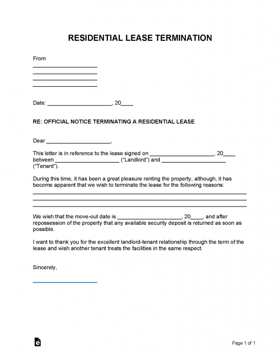 Free Printable Termination Of Residential Lease