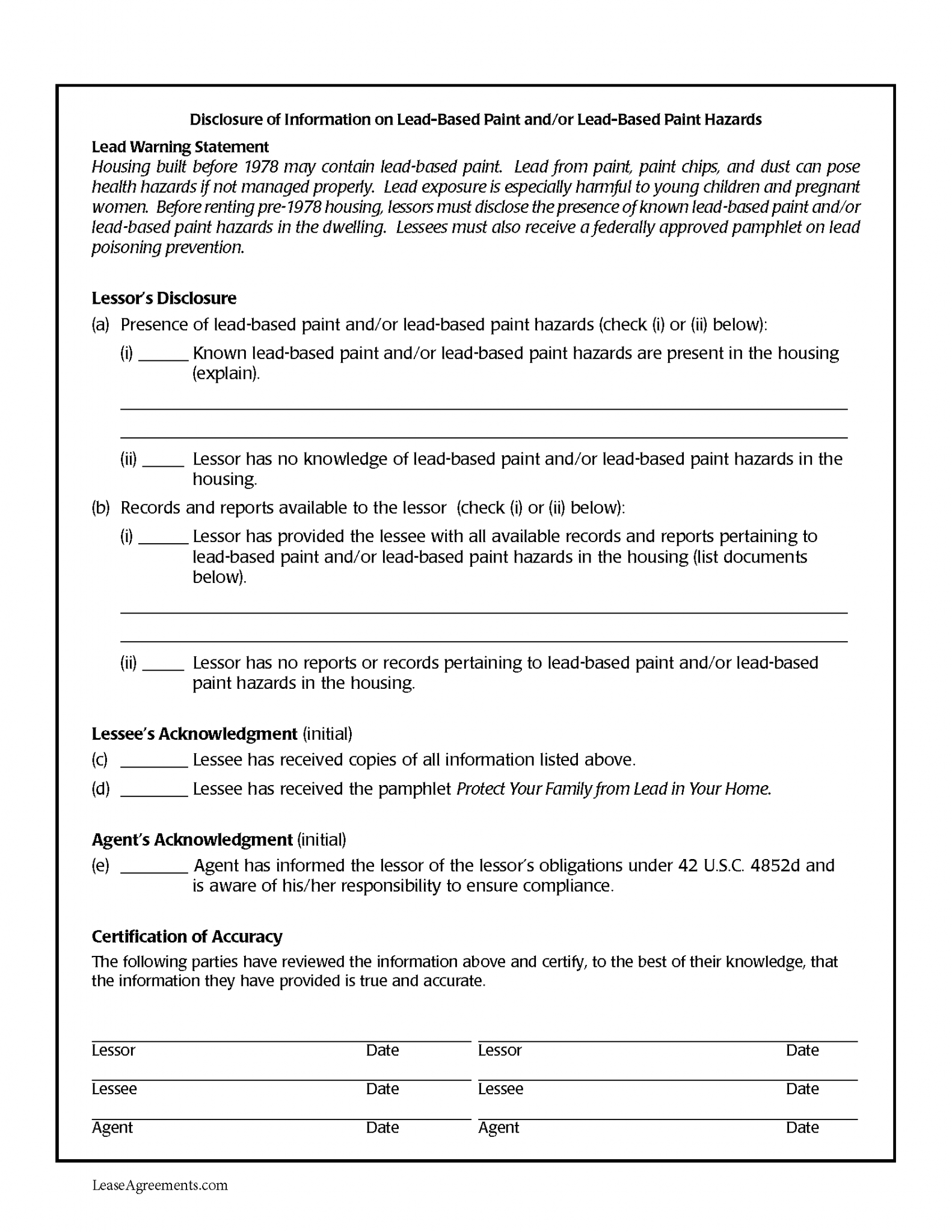 Lead Based Paint Disclosure Form