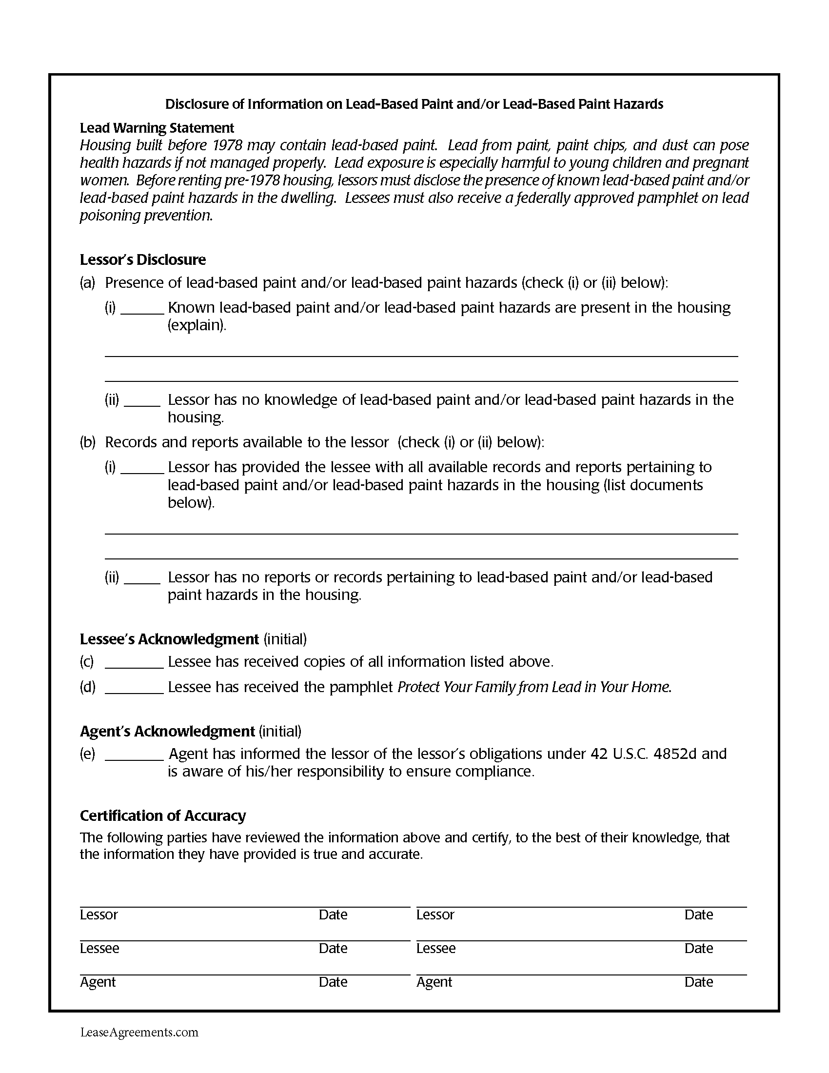 Free LeadBased Paint Disclosure Form PDF